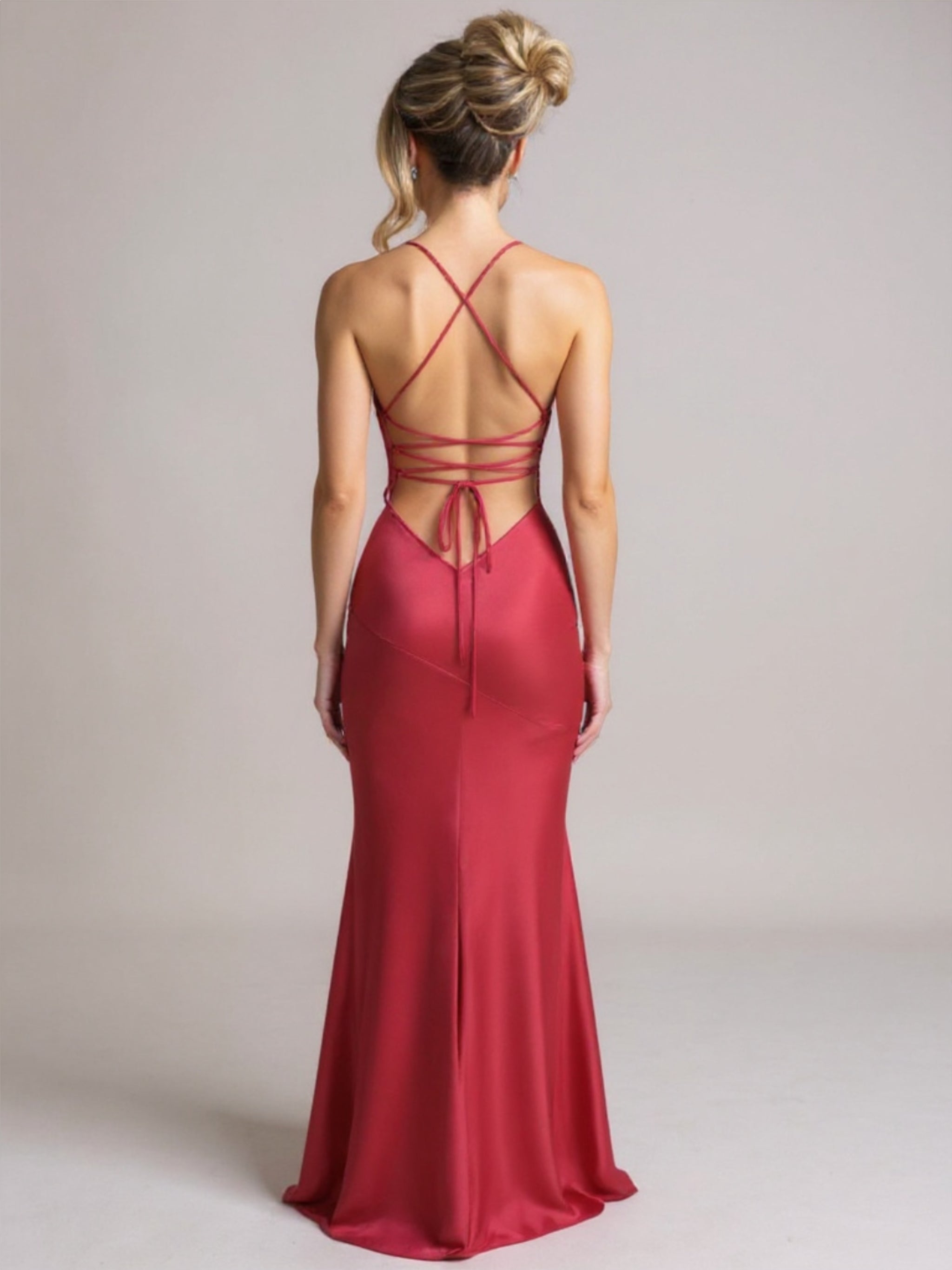 Backless Satin V-Neck Dress with High Slit