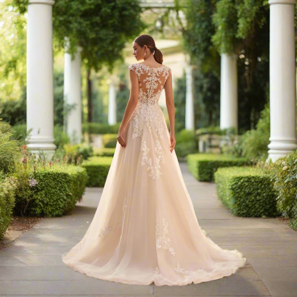 Cap Sleeve Lace V-Neck Wedding Dress