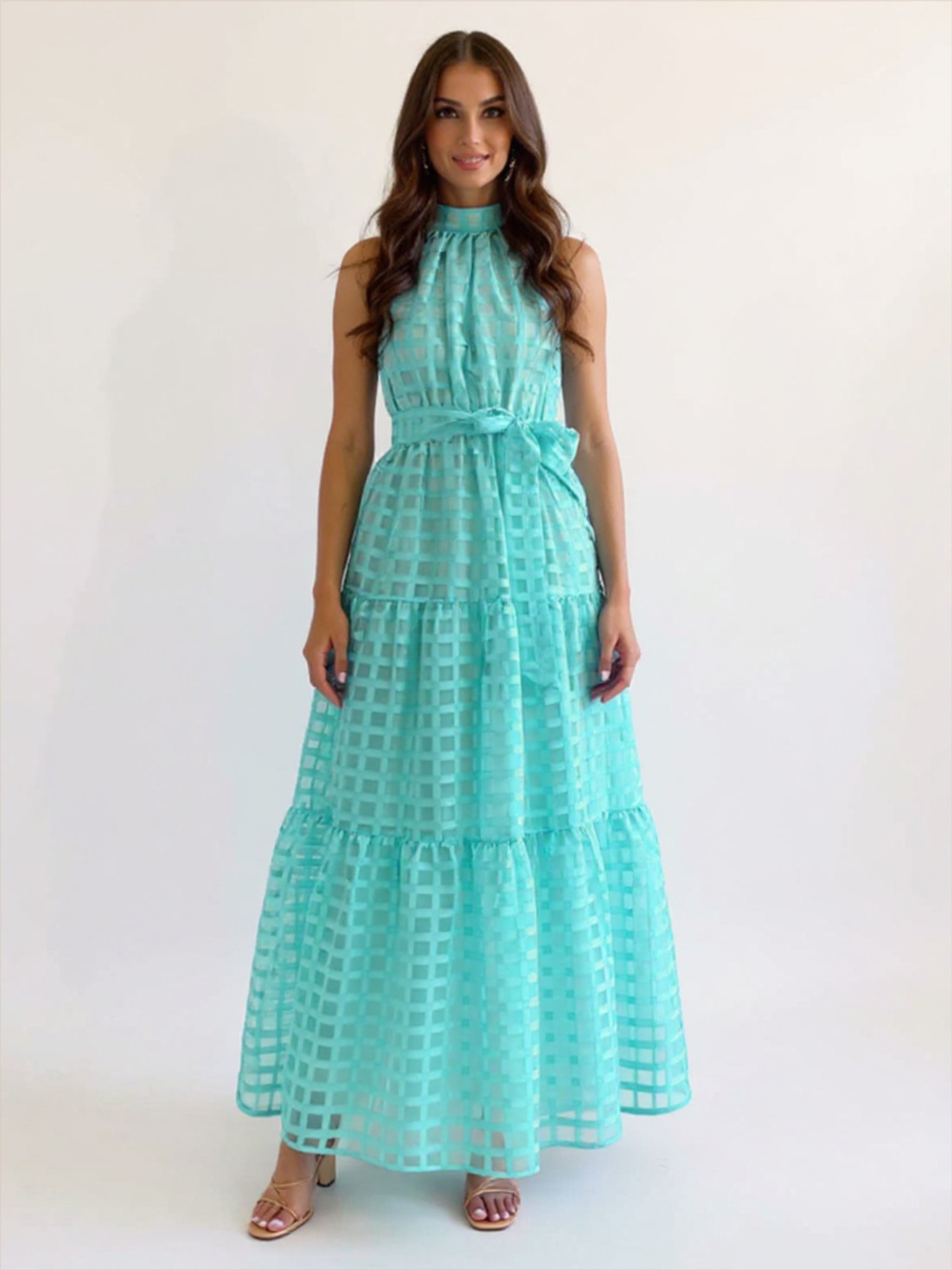 Solid Plaid Halter Neck Maxi Dress