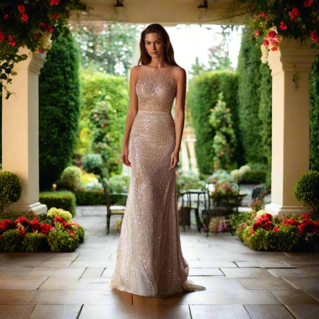 Beaded Wedding Gown with High Neck Cape