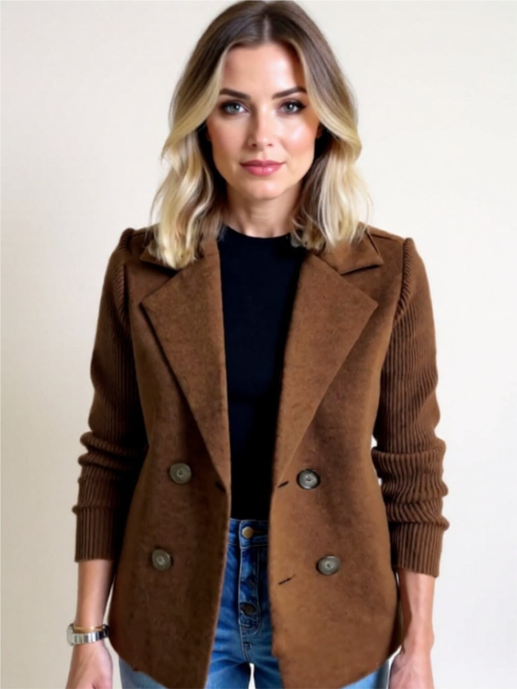 Double-Breasted Ribbed Sleeve Blazer