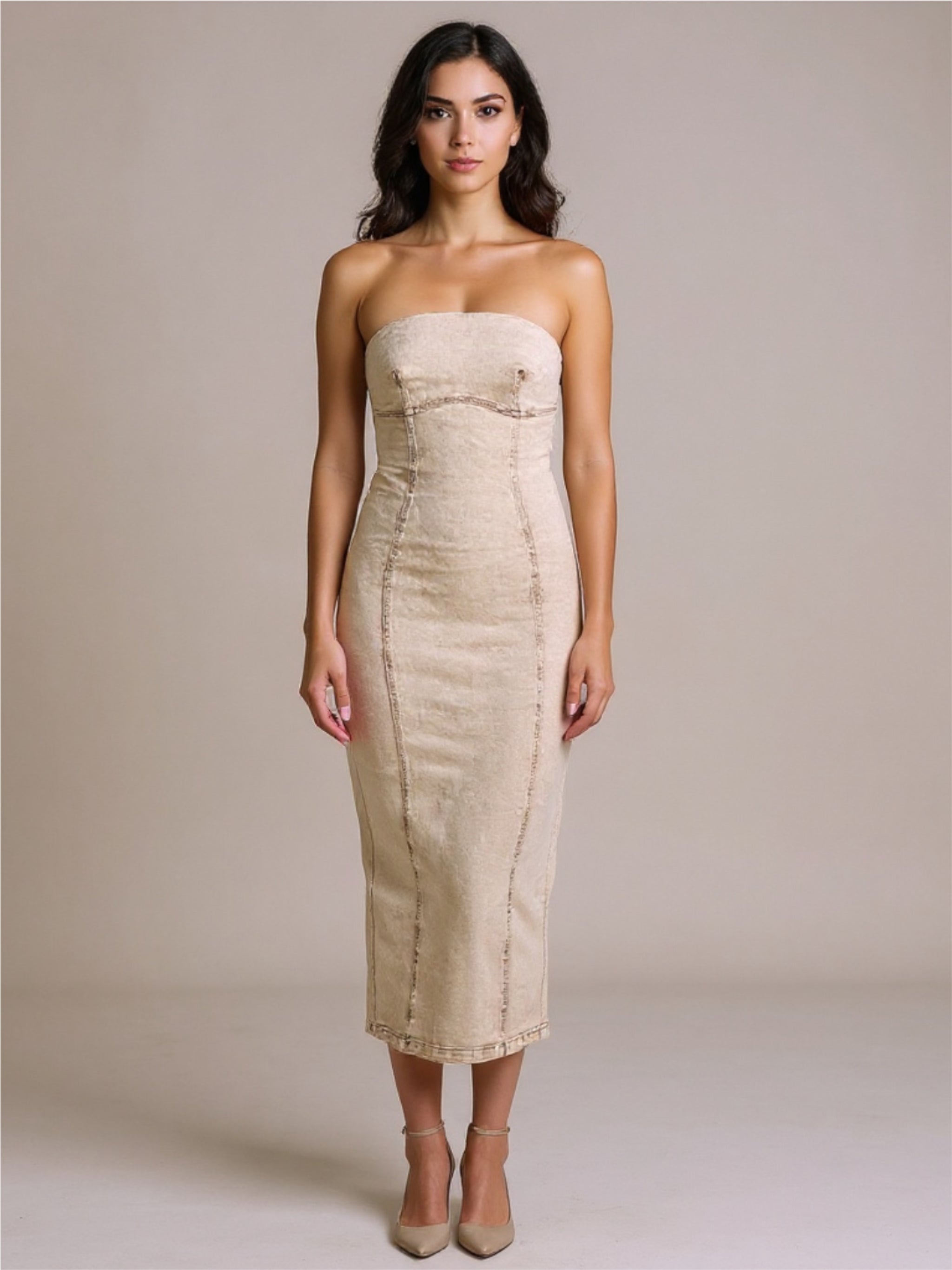 Washed Slit Back Strapless Denim Dress