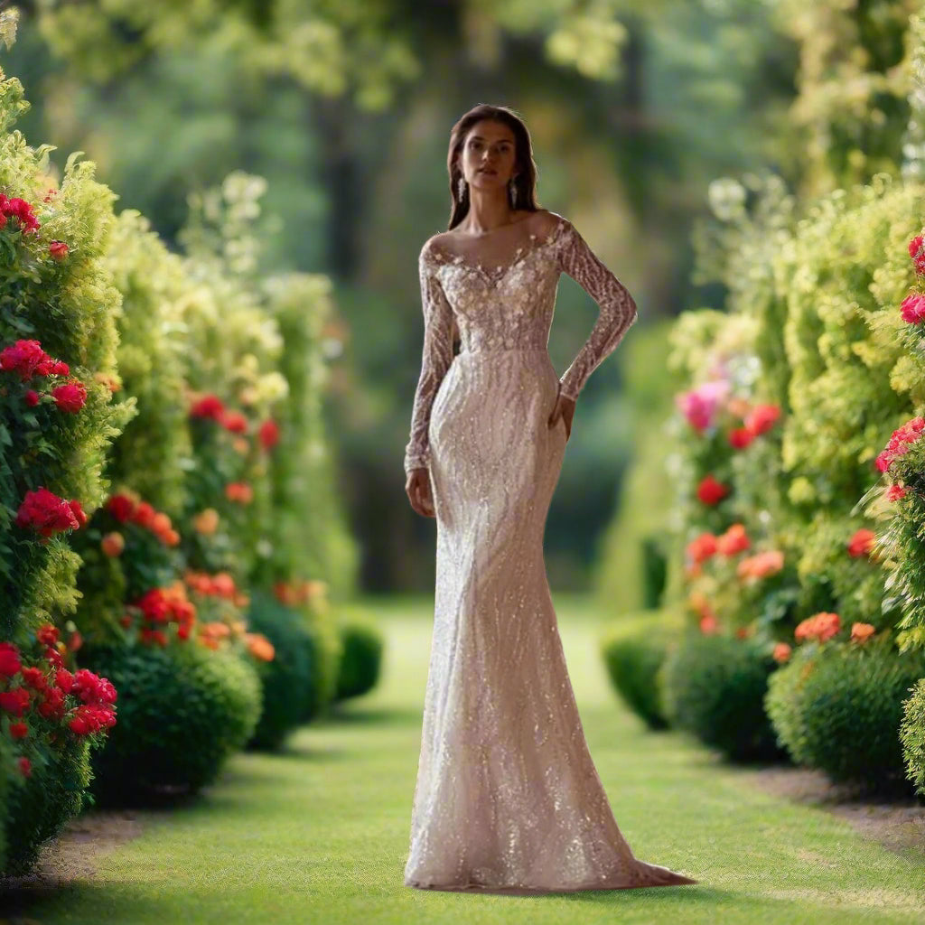 2 in 1 Beaded & Lace Long Sleeve Wedding Dress With Detachable Train