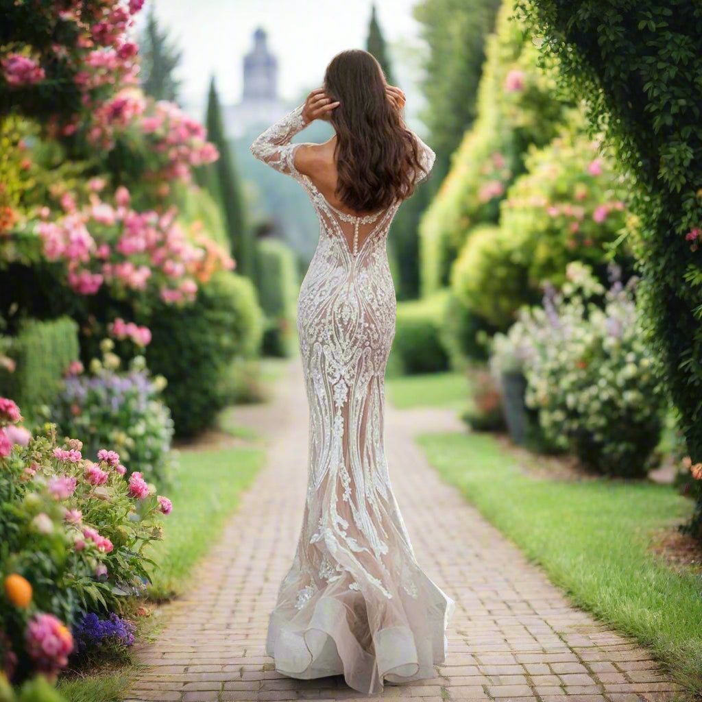 2 In 1 Long Sleeve Mermaid Beaded Wedding Dress with Detachable Train