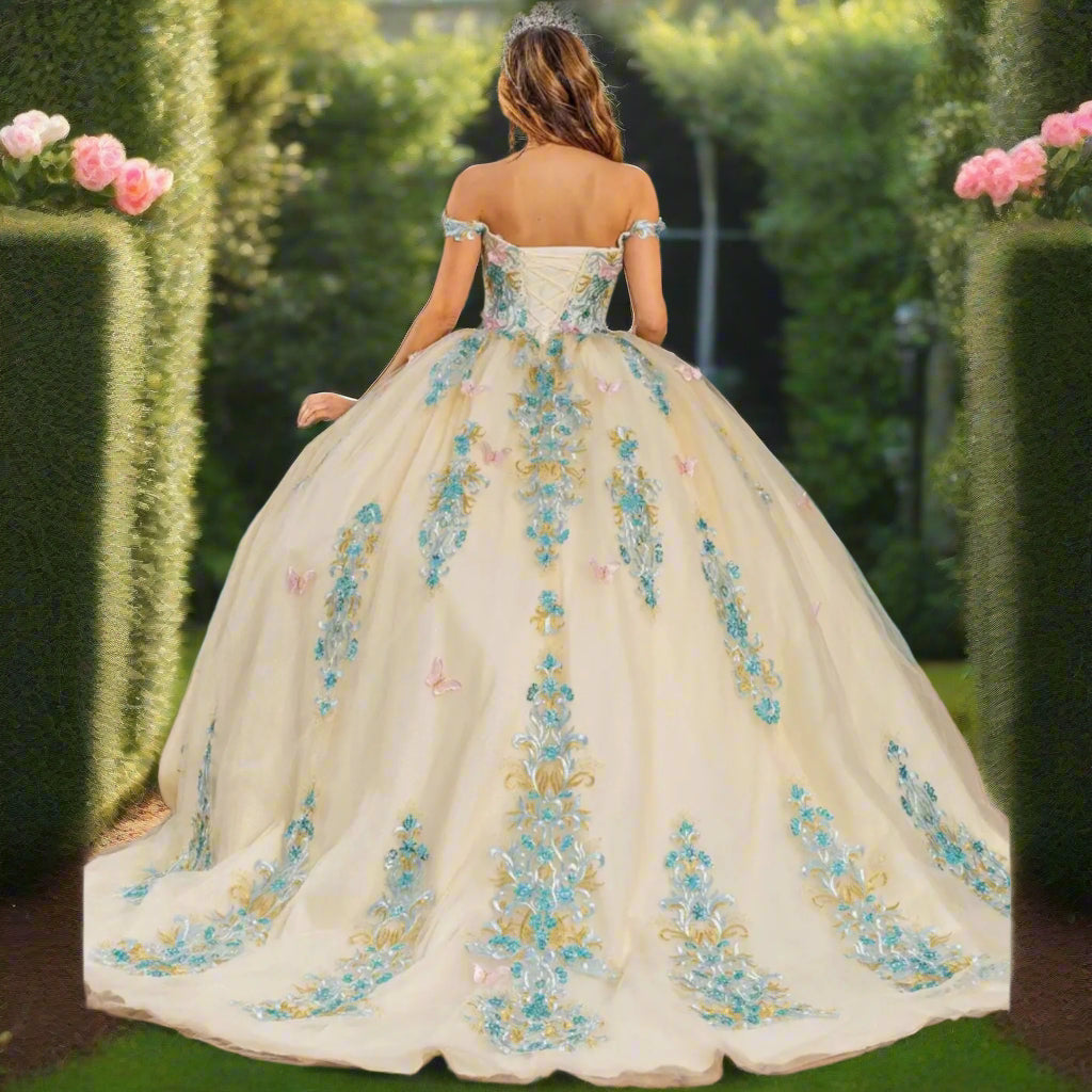 Off The Shoulder Sweetheart Backless Beaded Floral Quinceanera Ball Gown