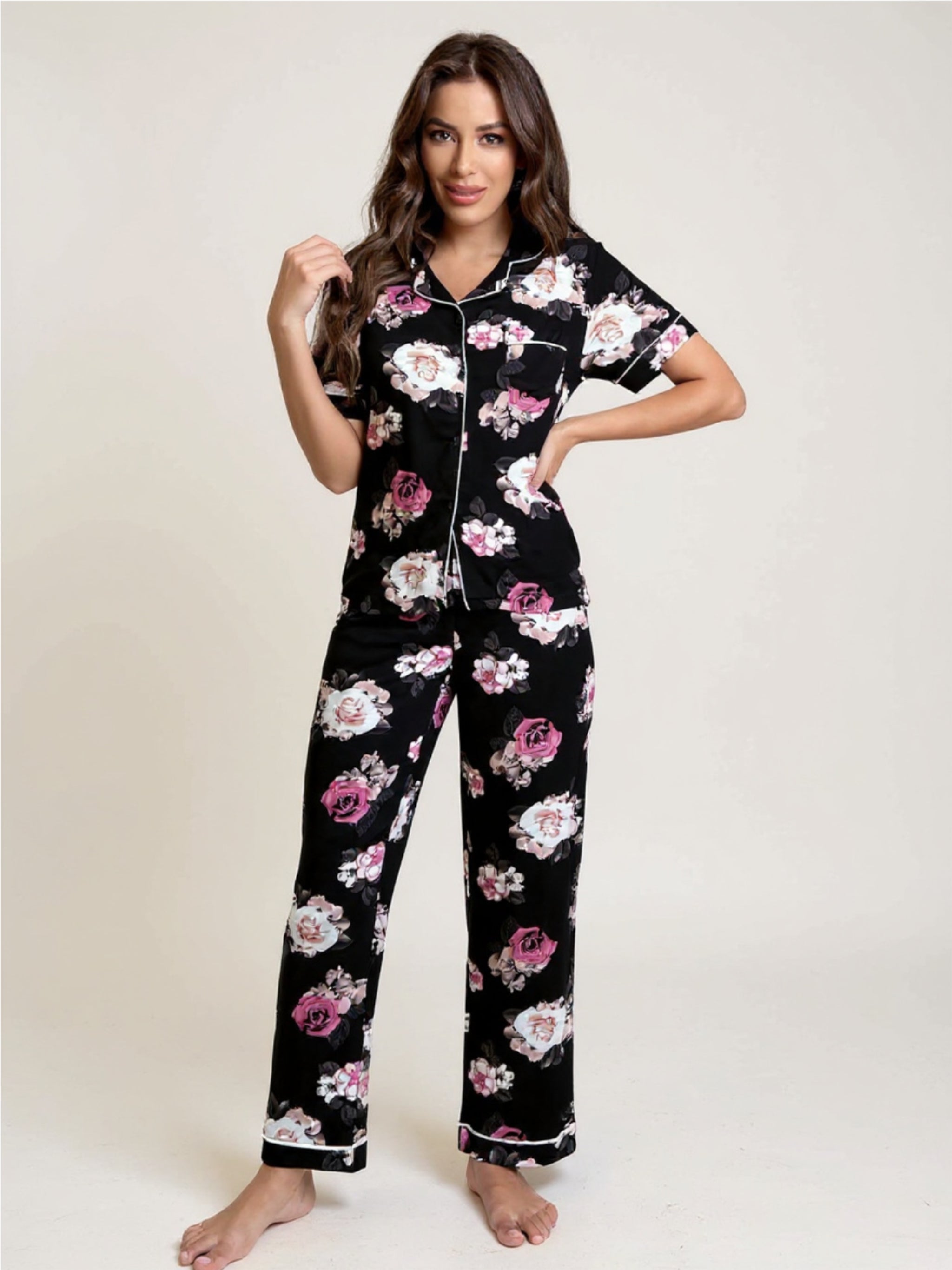 Black Floral Short Sleeve Shirt & Pants Pajama Set