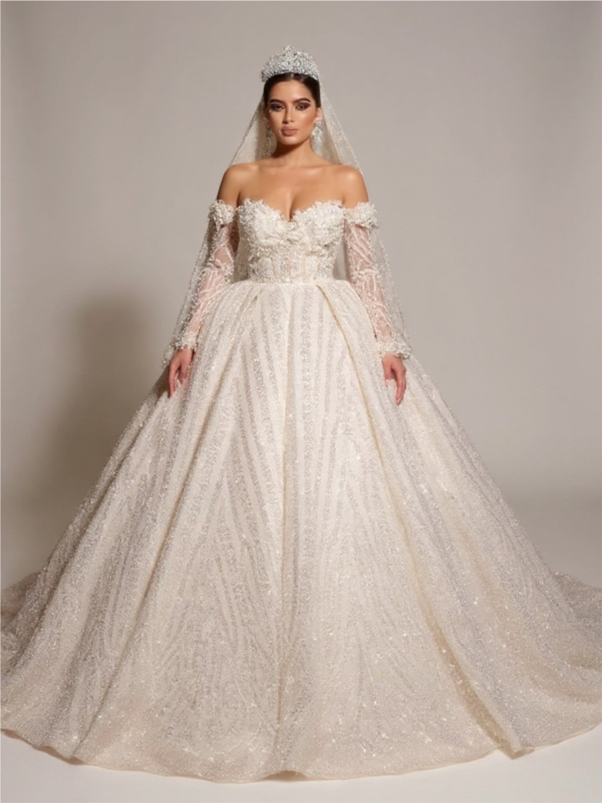 3D Flower Beaded Off The Shoulder Long Sleeve Bridal Gown