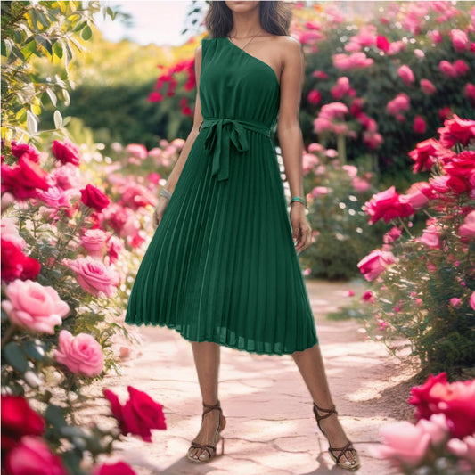 Green Pleated One Shoulder Midi Dress