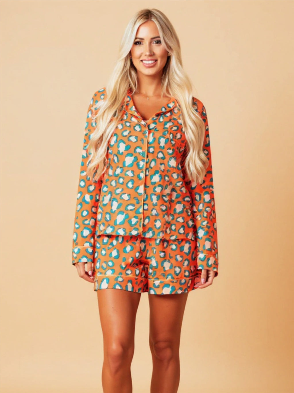 Leopard Collared Neck Long Sleeve Top & Shorts Pajama Set