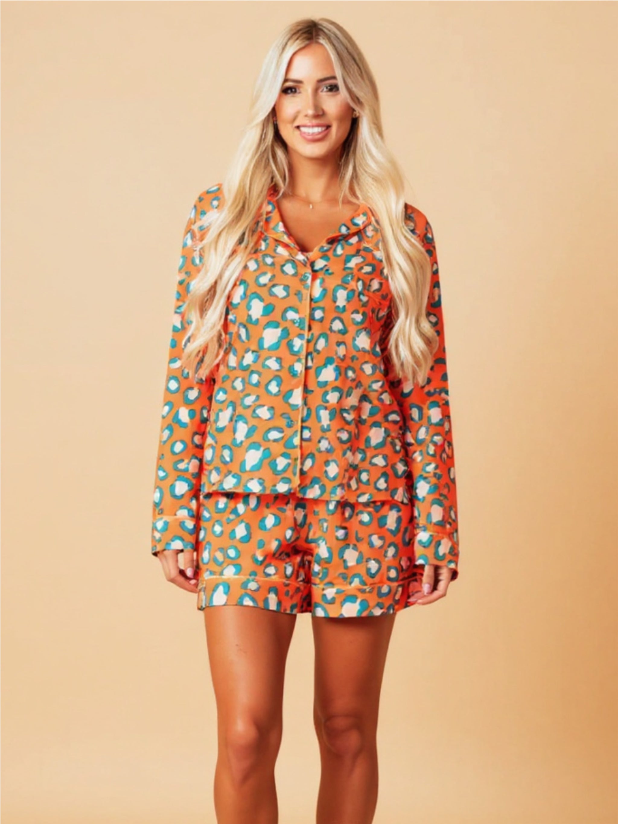 Leopard Collared Neck Long Sleeve Top & Shorts Pajama Set