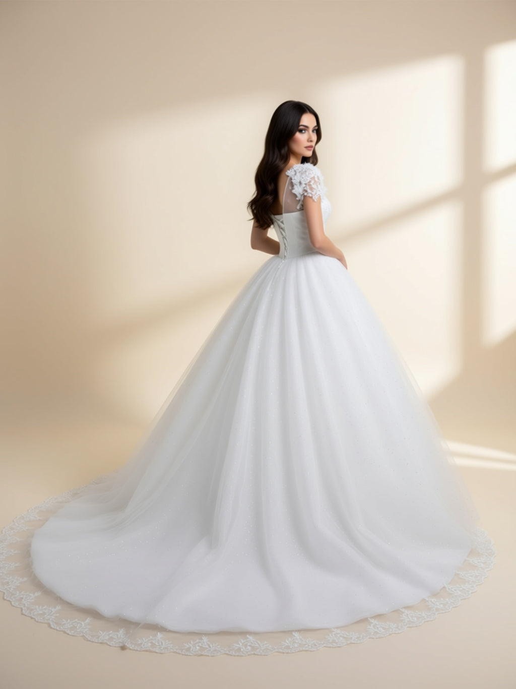 Luxury Crystal Sand Soft Mesh & Satin Ball Gown Wedding Dress with 3D Floral Sleeves and Cathedral Train