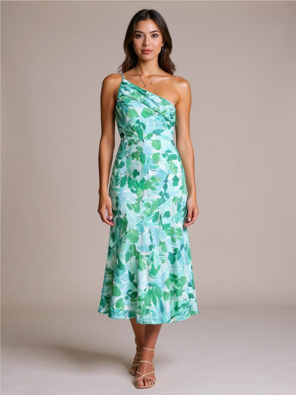 Ruched Printed Single Shoulder Midi Dress