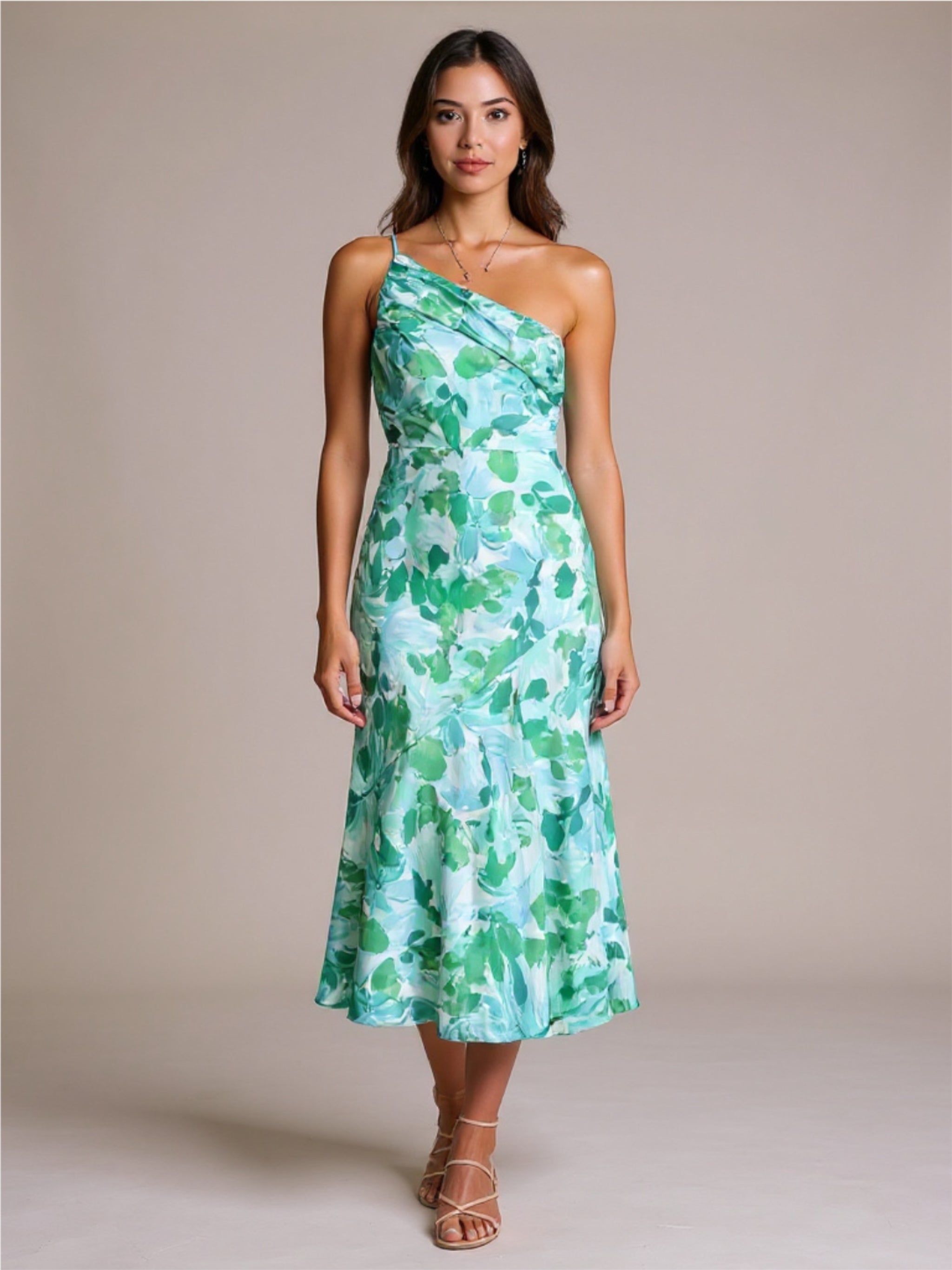 Ruched Printed Single Shoulder Midi Dress