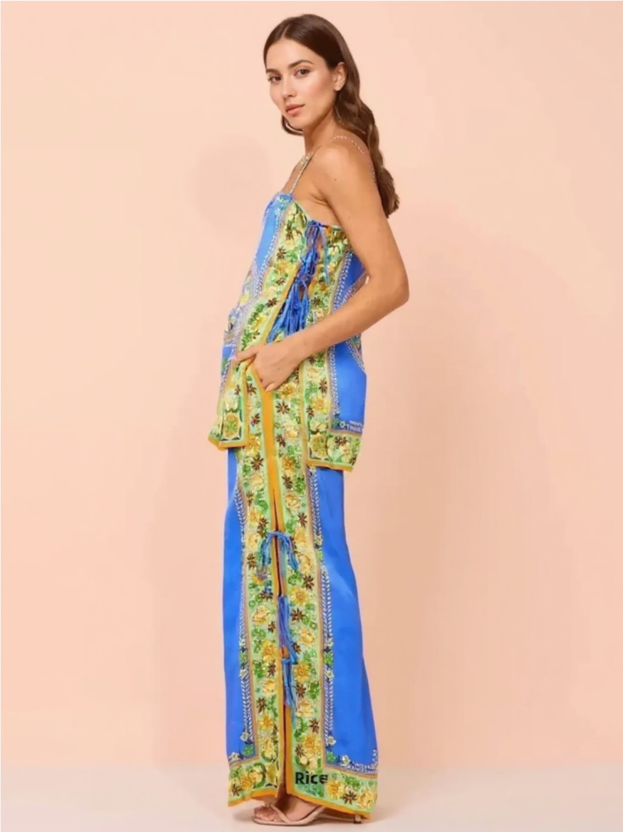 Blue Floral Side Tied Cami &  Pants Set