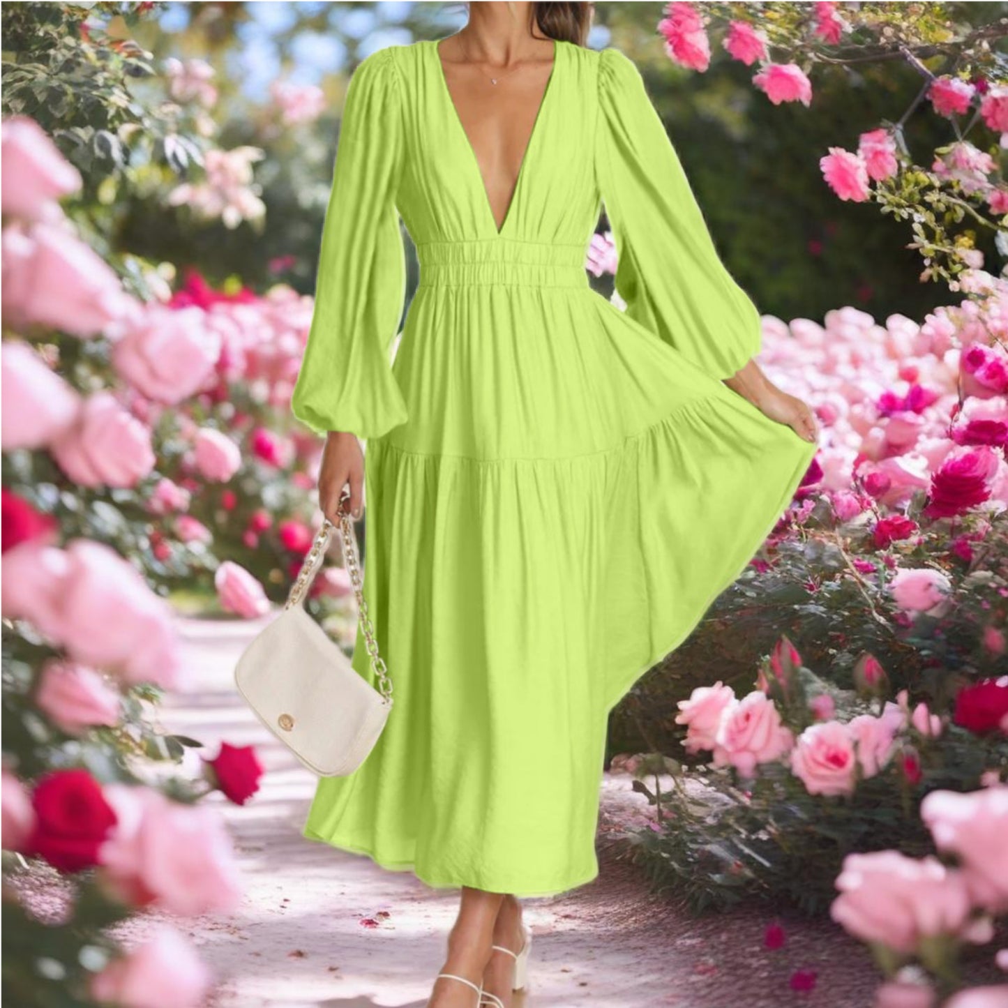 Deep V-Neck Balloon Sleeve Maxi Dress