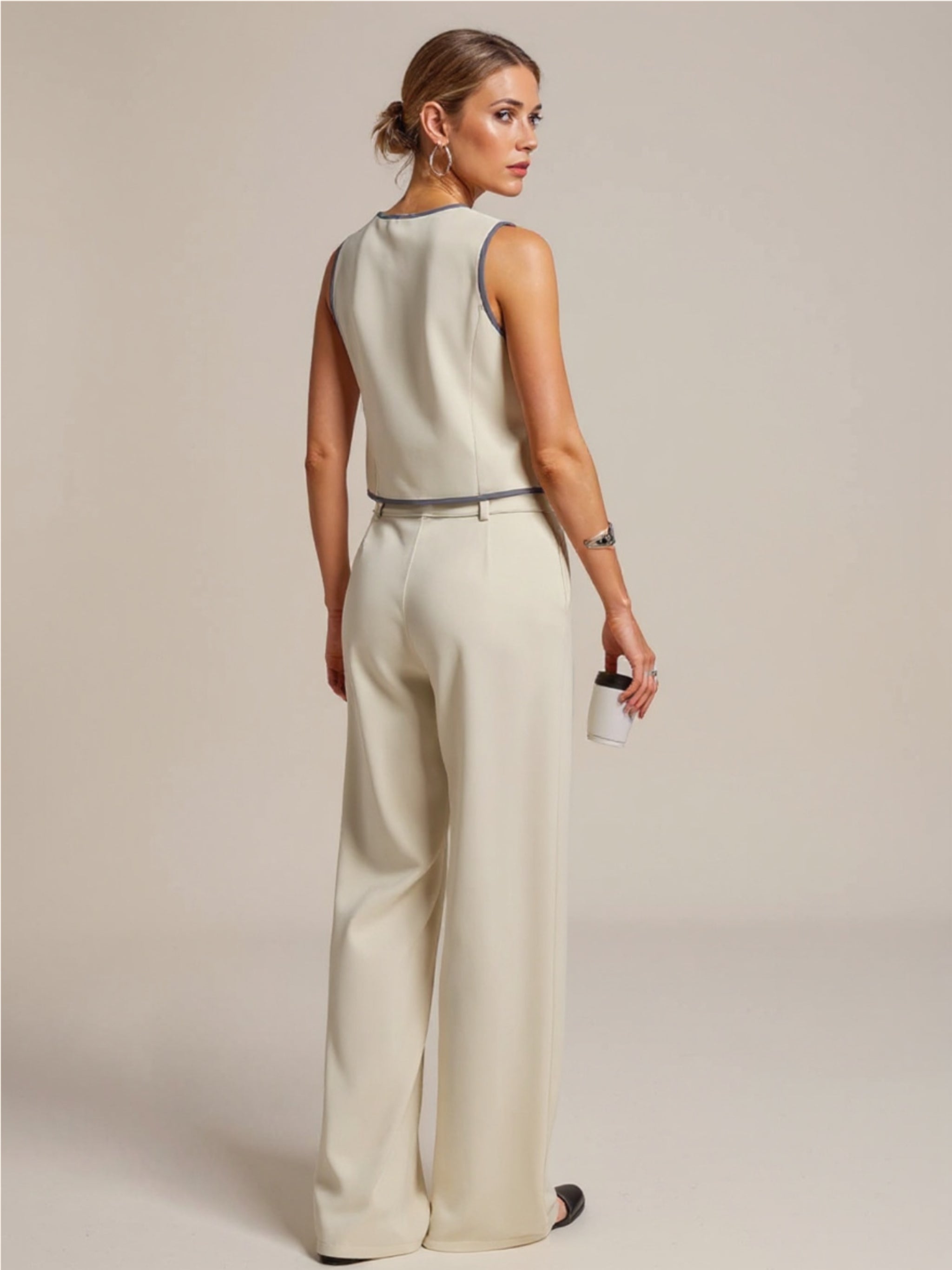 Beige V-Neck Vest & Pants Set