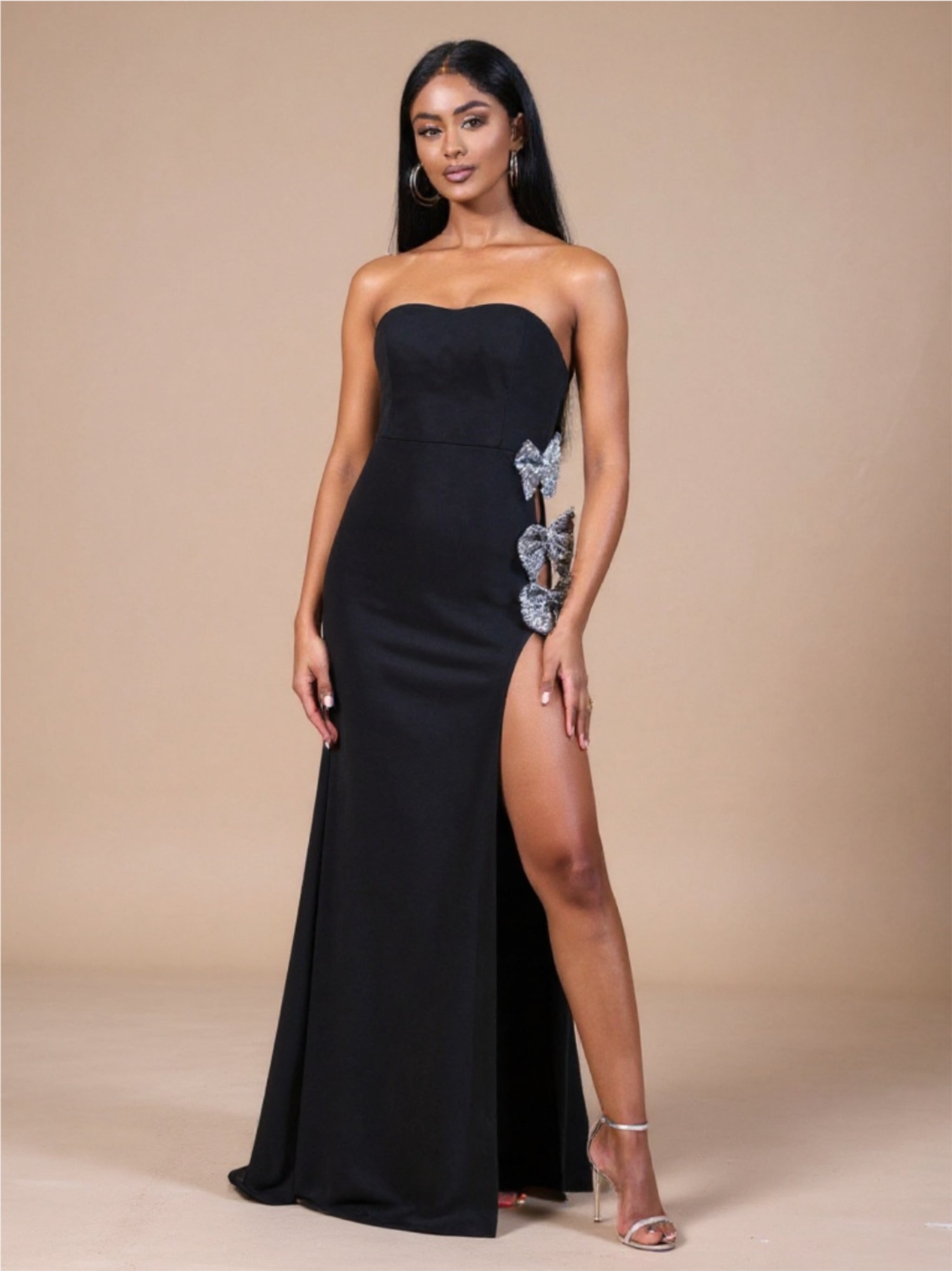 Strapless Black Evening Gown with Silver Bow Accents