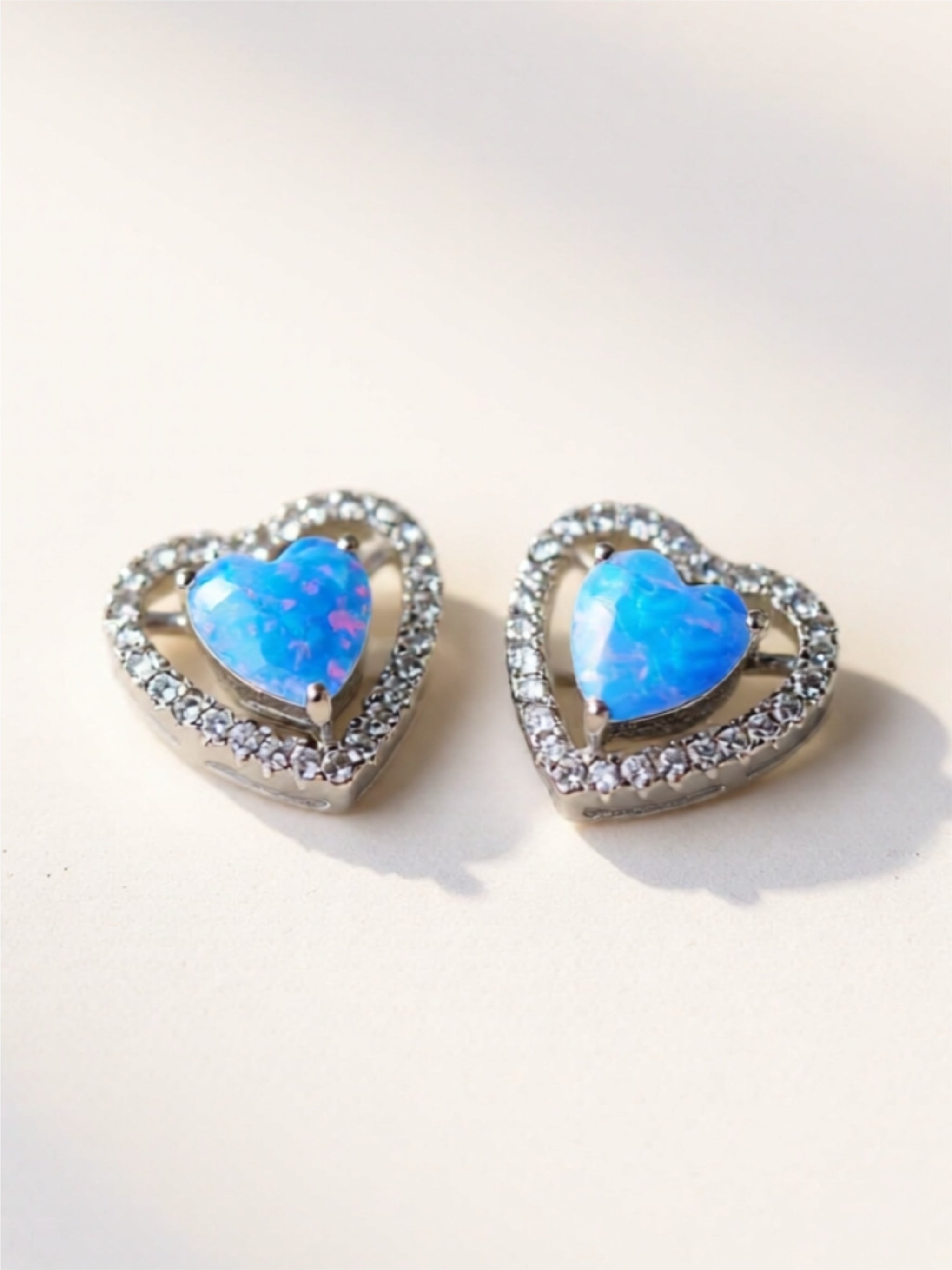 925 Sterling Silver Opal Heart Stud Earrings