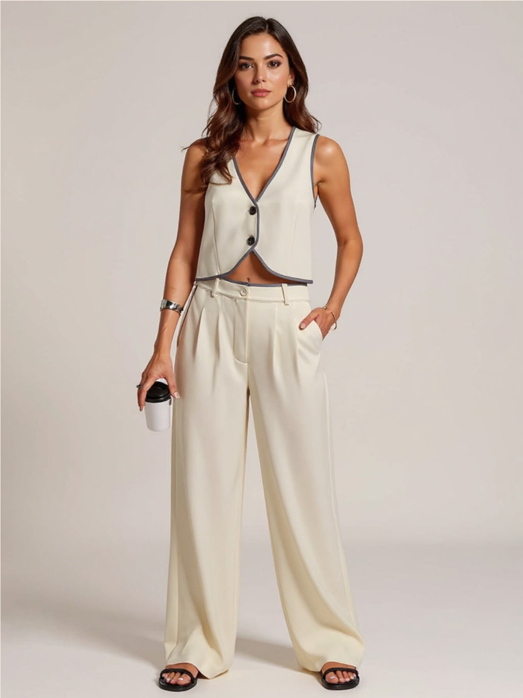 Beige V-Neck Vest & Pants Set