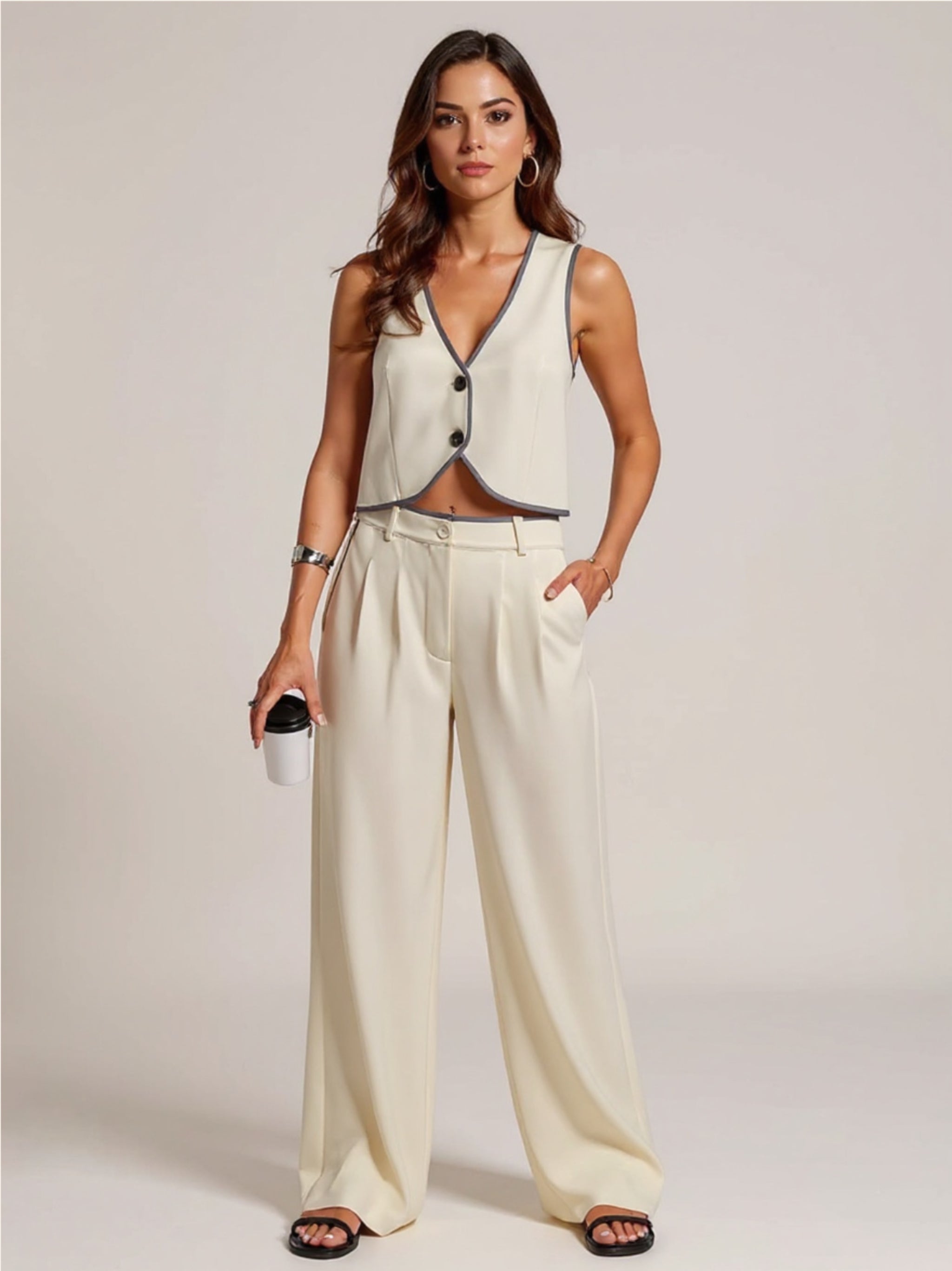 Beige V-Neck Vest & Pants Set