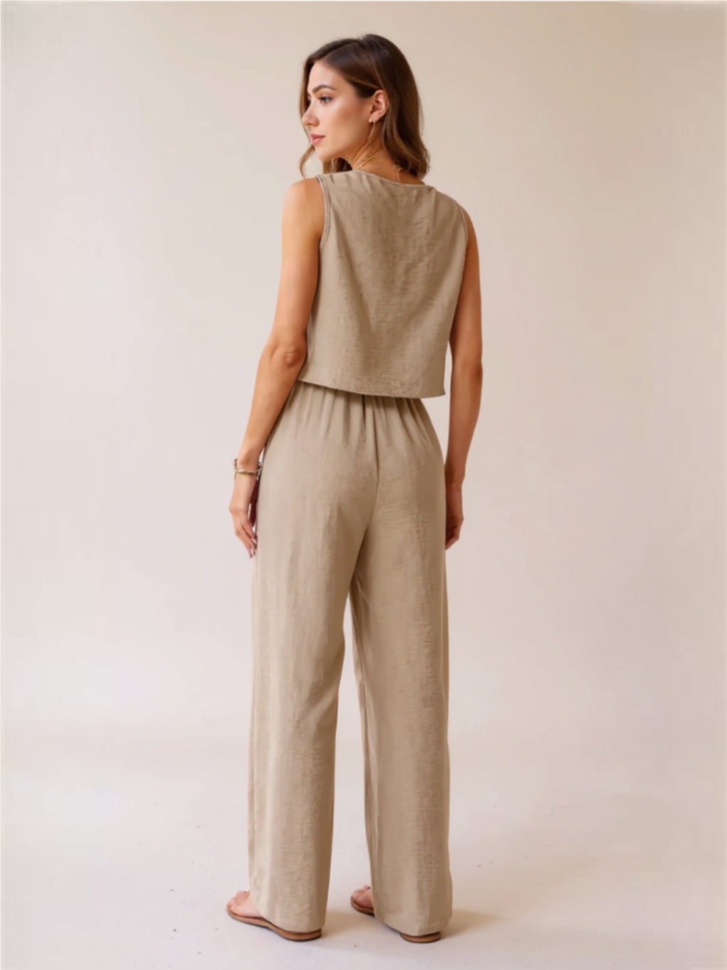 Beige Button Down Vest & Drawstring Wide Leg Pants Set