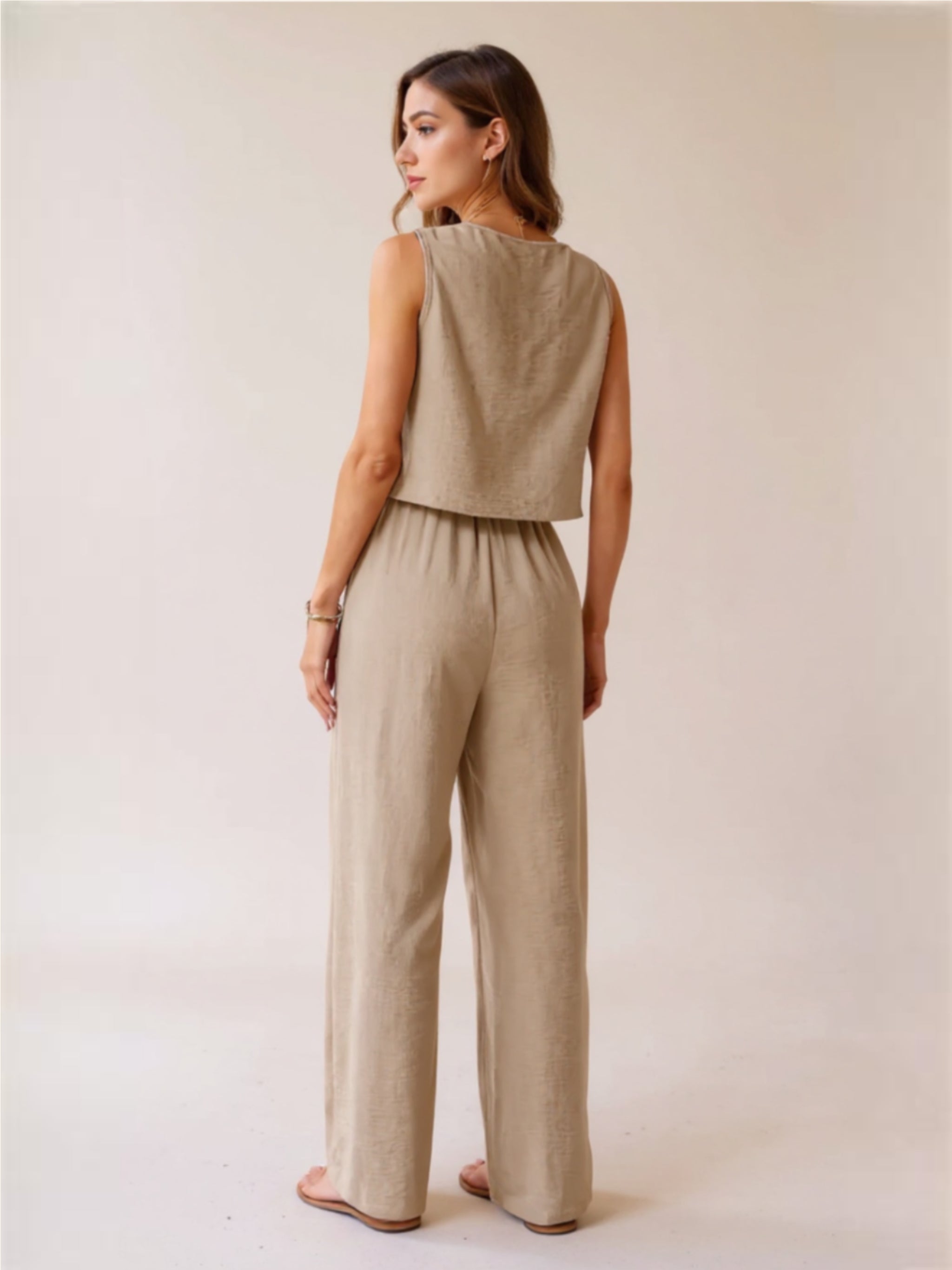 Beige Button Down Vest & Drawstring Wide Leg Pants Set