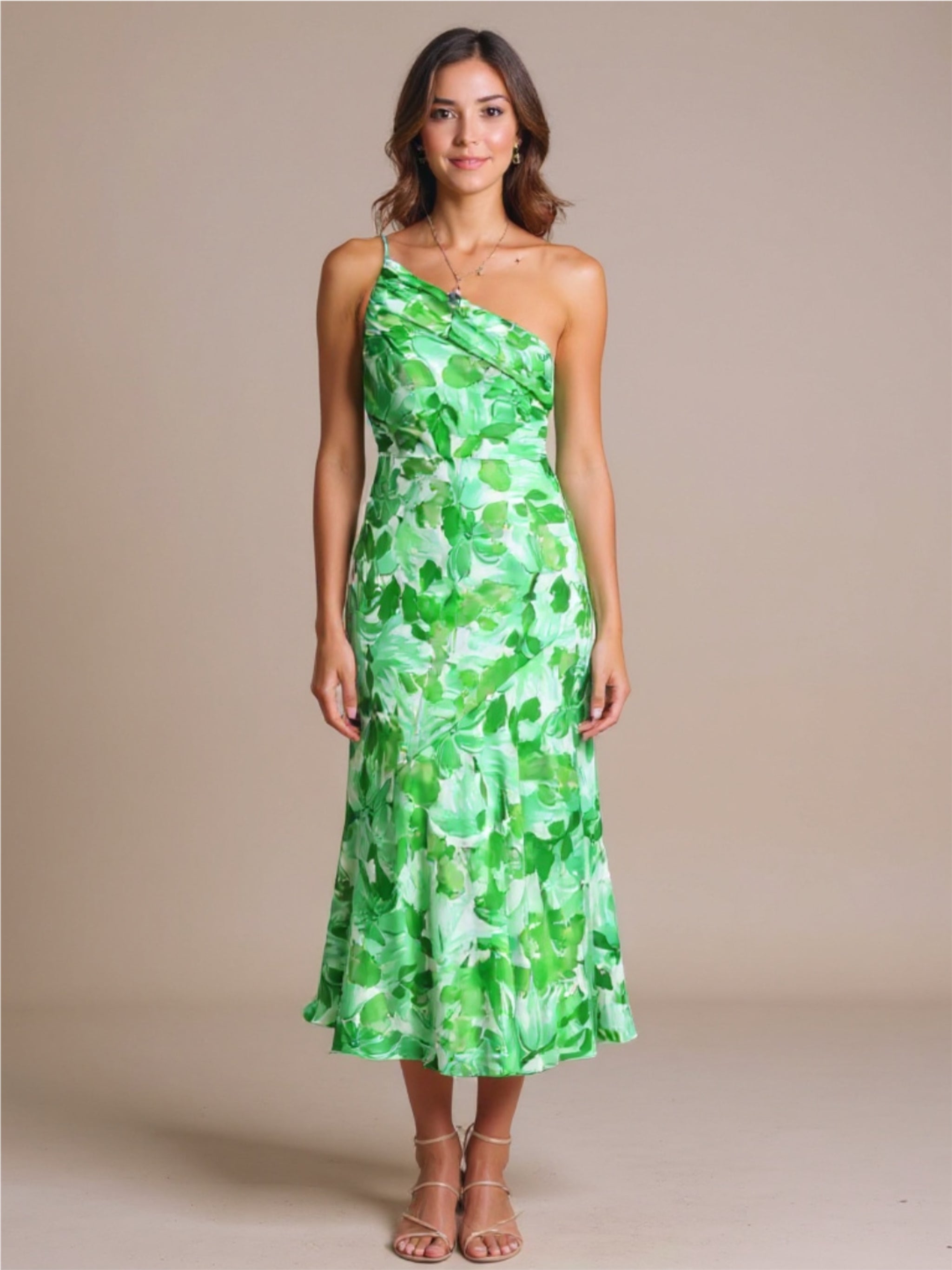 Green Ruched One Shoulder Midi Dress