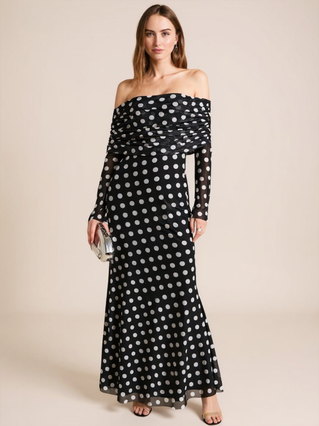 Long Sleeve Off The Shoulder Polka Dot Dress