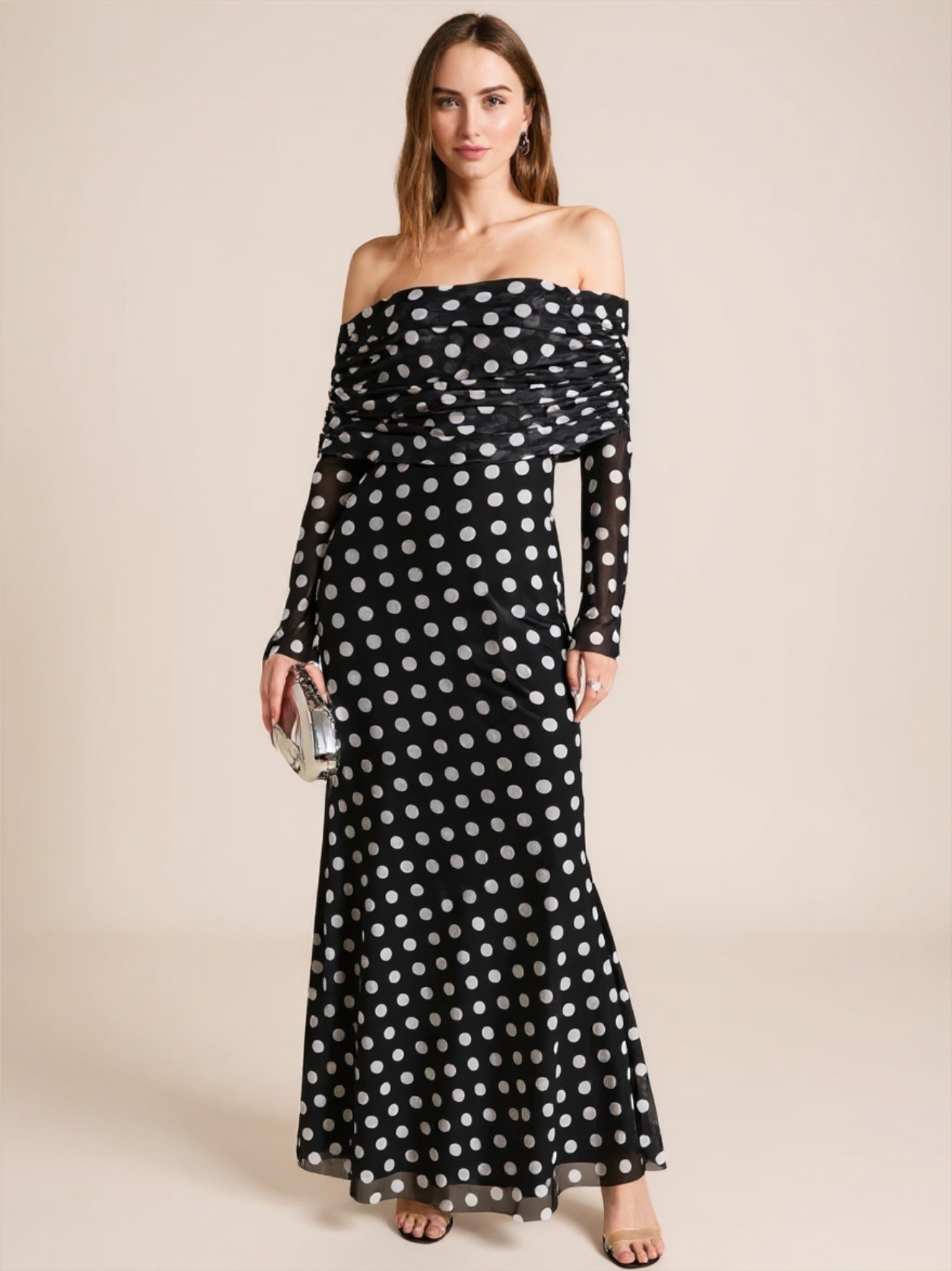 Long Sleeve Off The Shoulder Polka Dot Dress