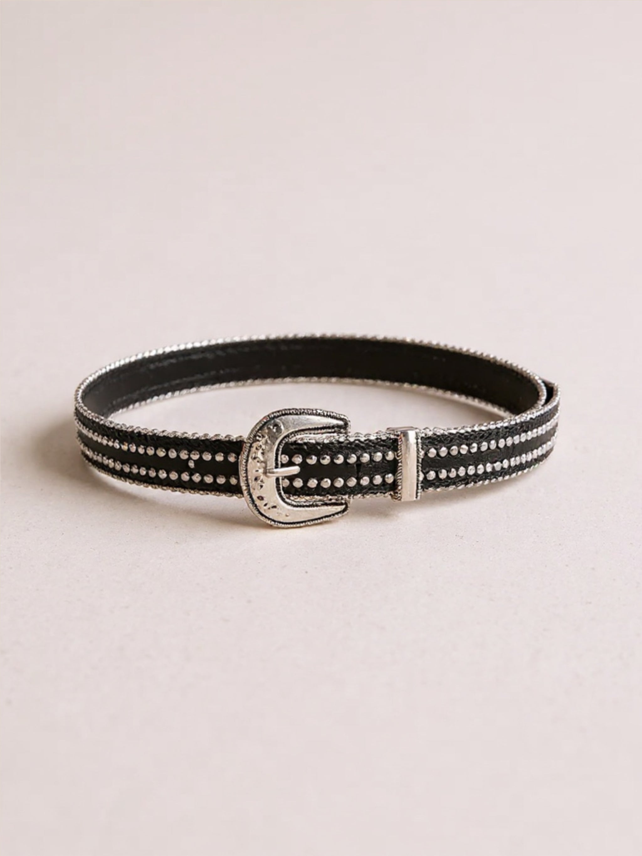 Studded Rhinestone Black Vegan Leather Belt