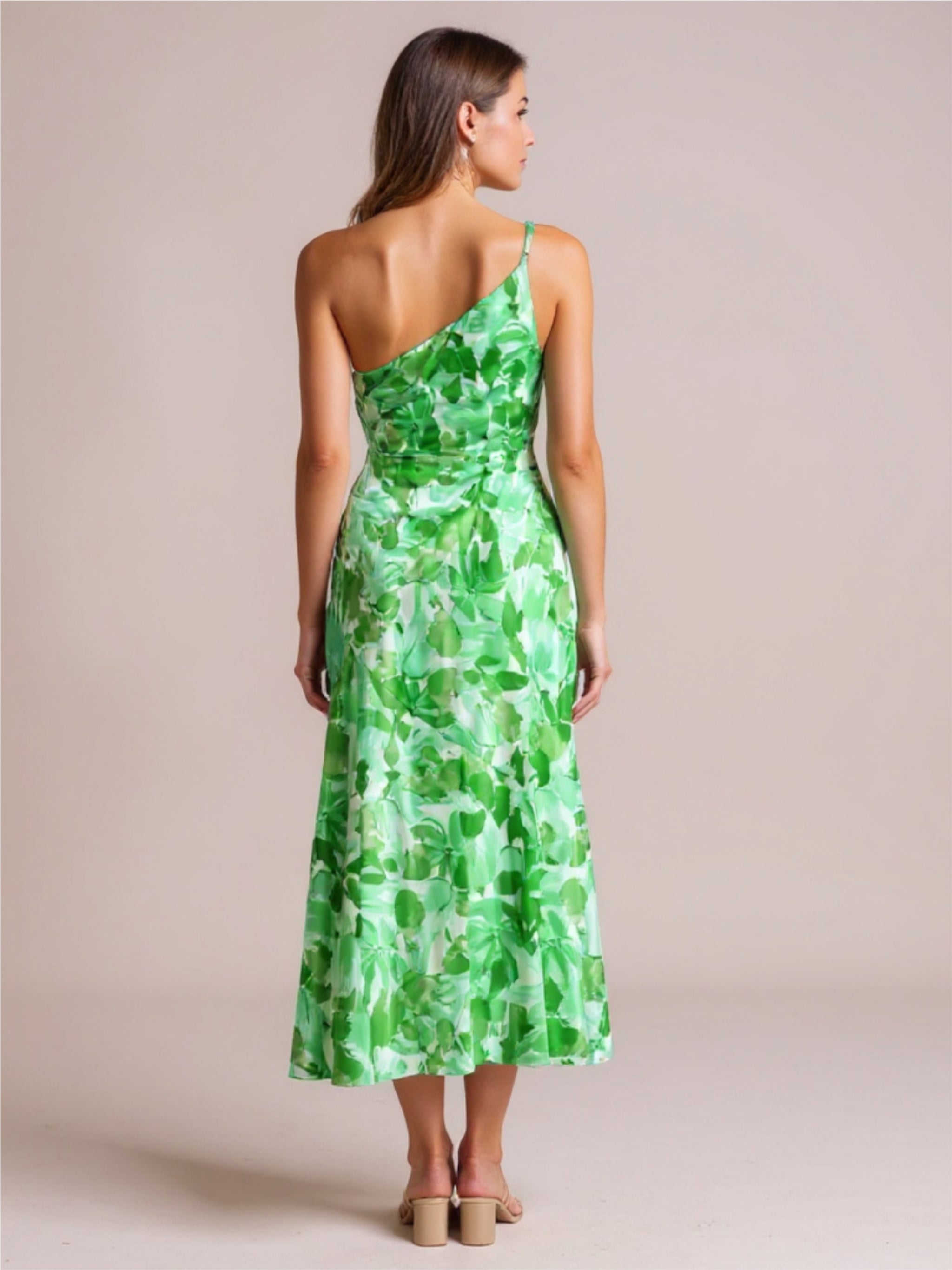 Green Ruched One Shoulder Midi Dress