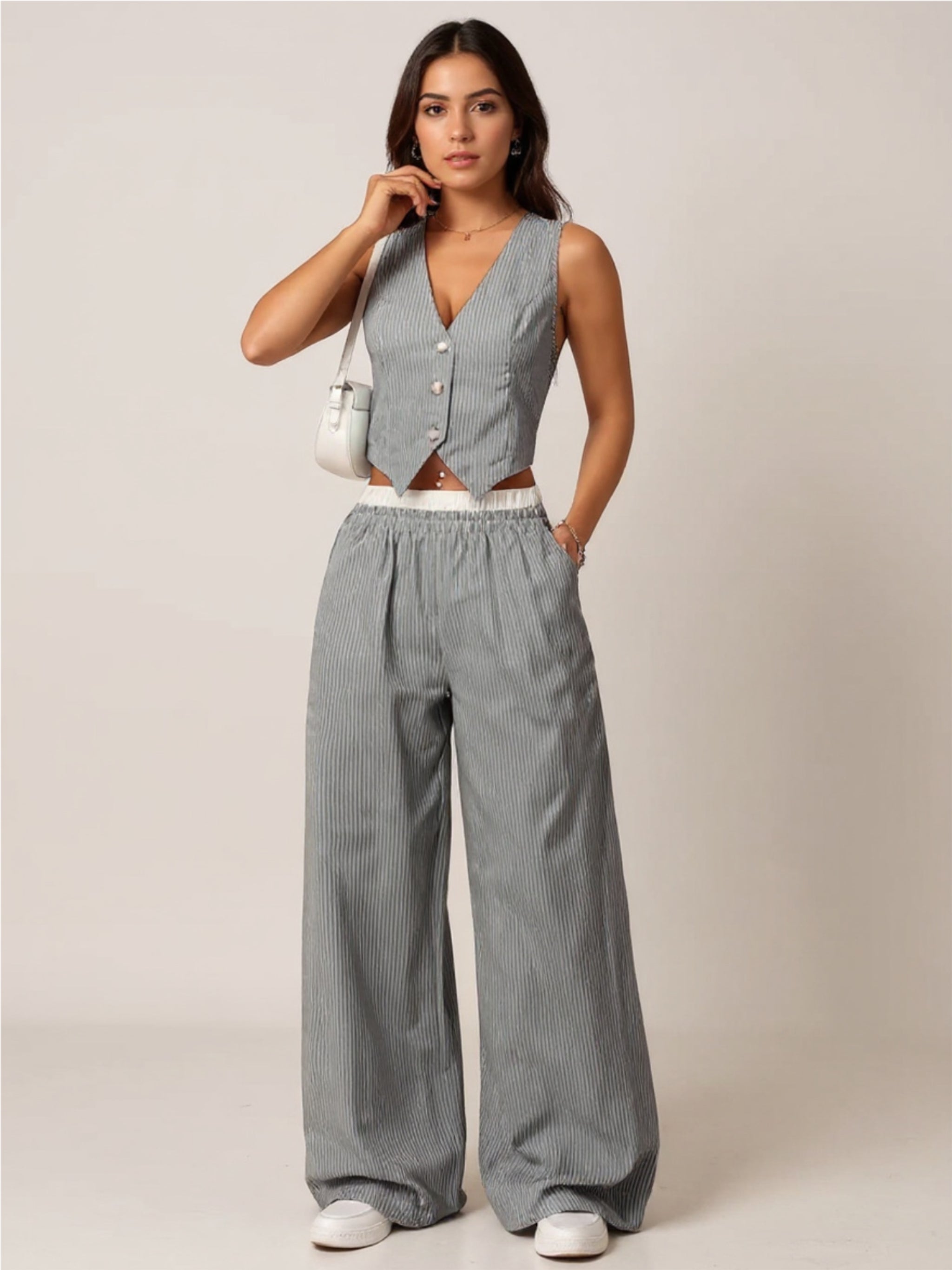 Striped Vest Top & Wide Leg Pants Two-Piece Set