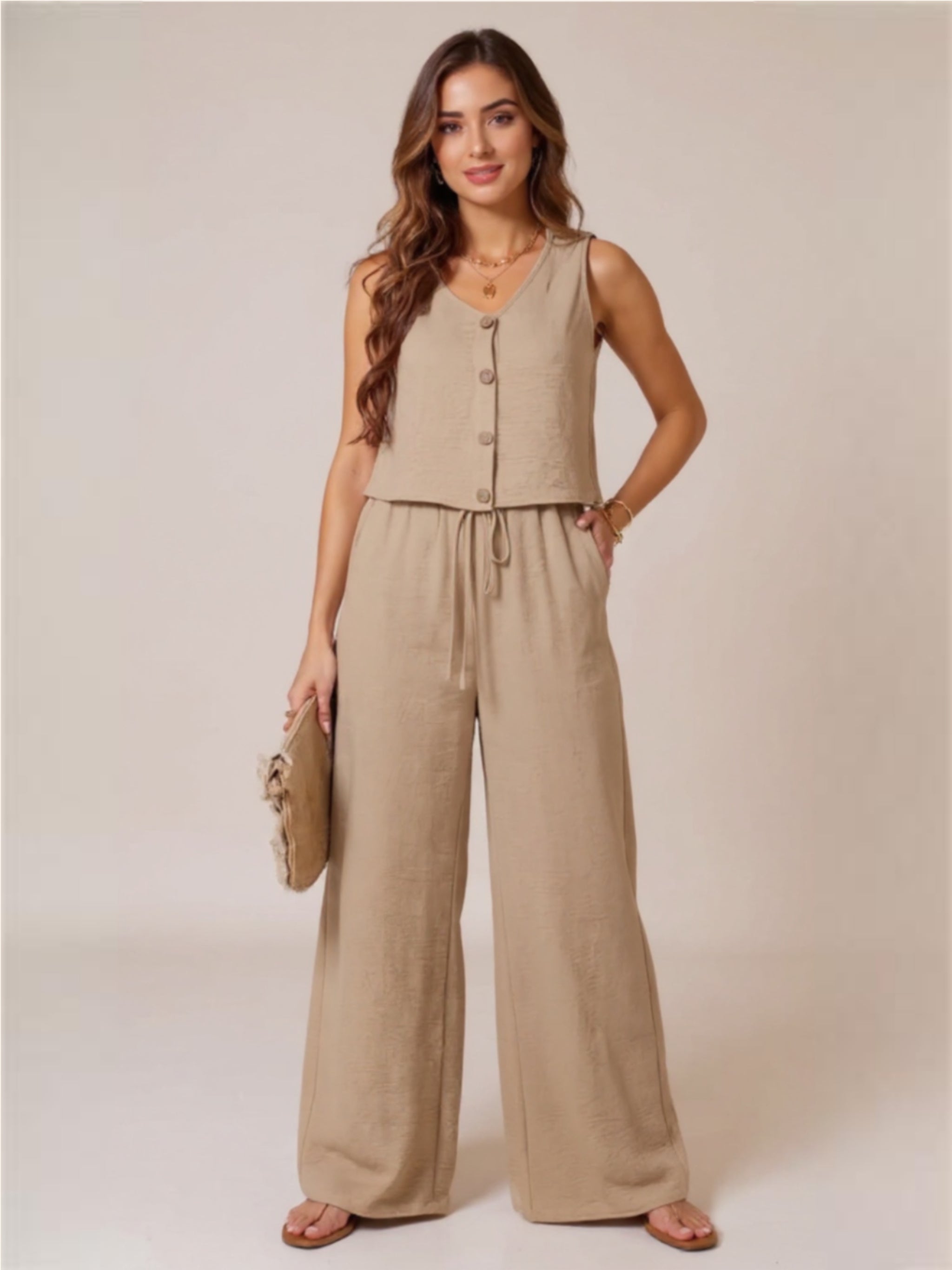 Beige Button Down Vest & Drawstring Wide Leg Pants Set