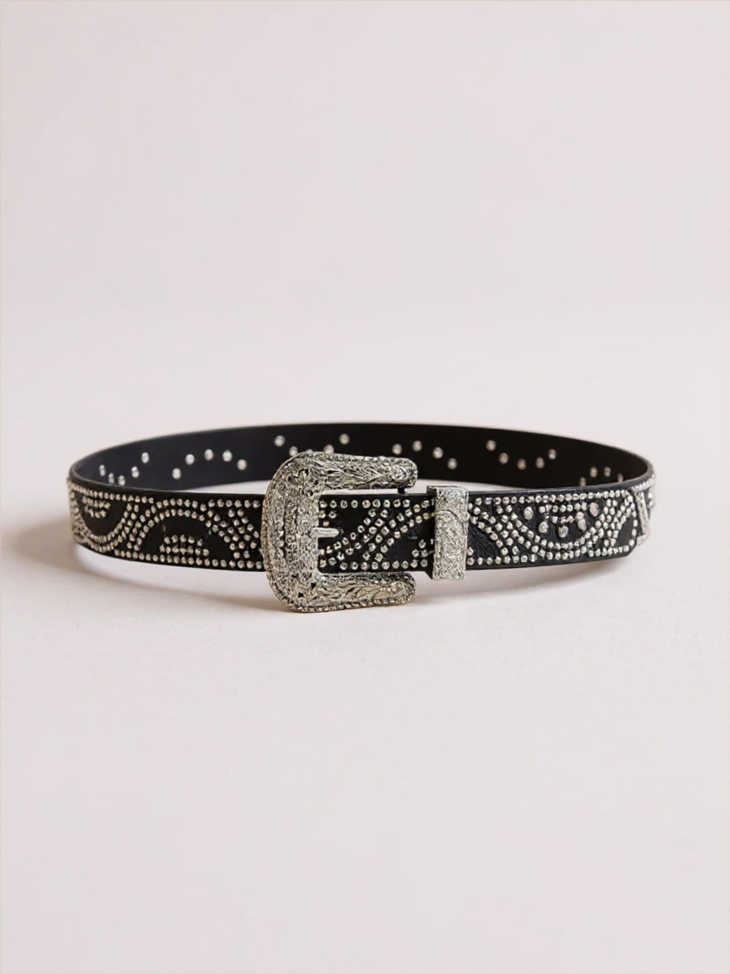 Studded Rhinestone Black Vegan Leather Belt