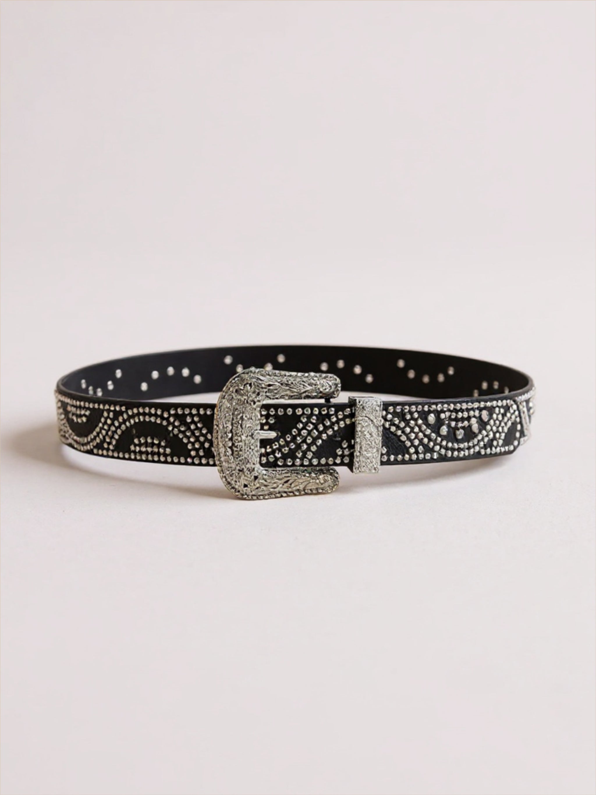 Studded Rhinestone Black Vegan Leather Belt