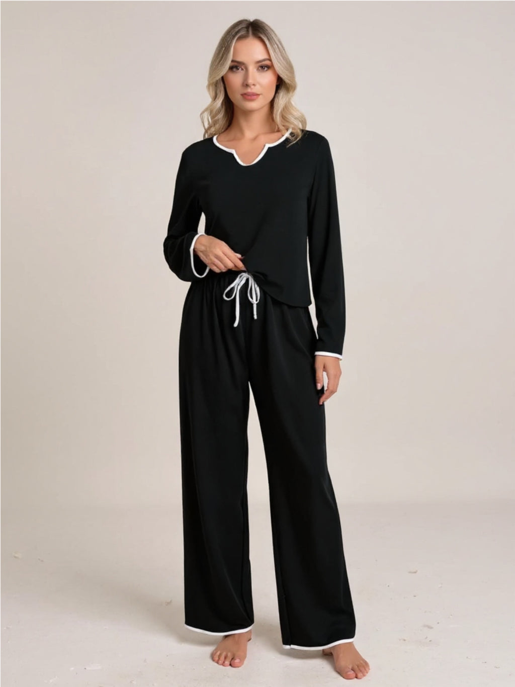Black Contrast Trim Notched Long Sleeve Top & Pants Lounge Set