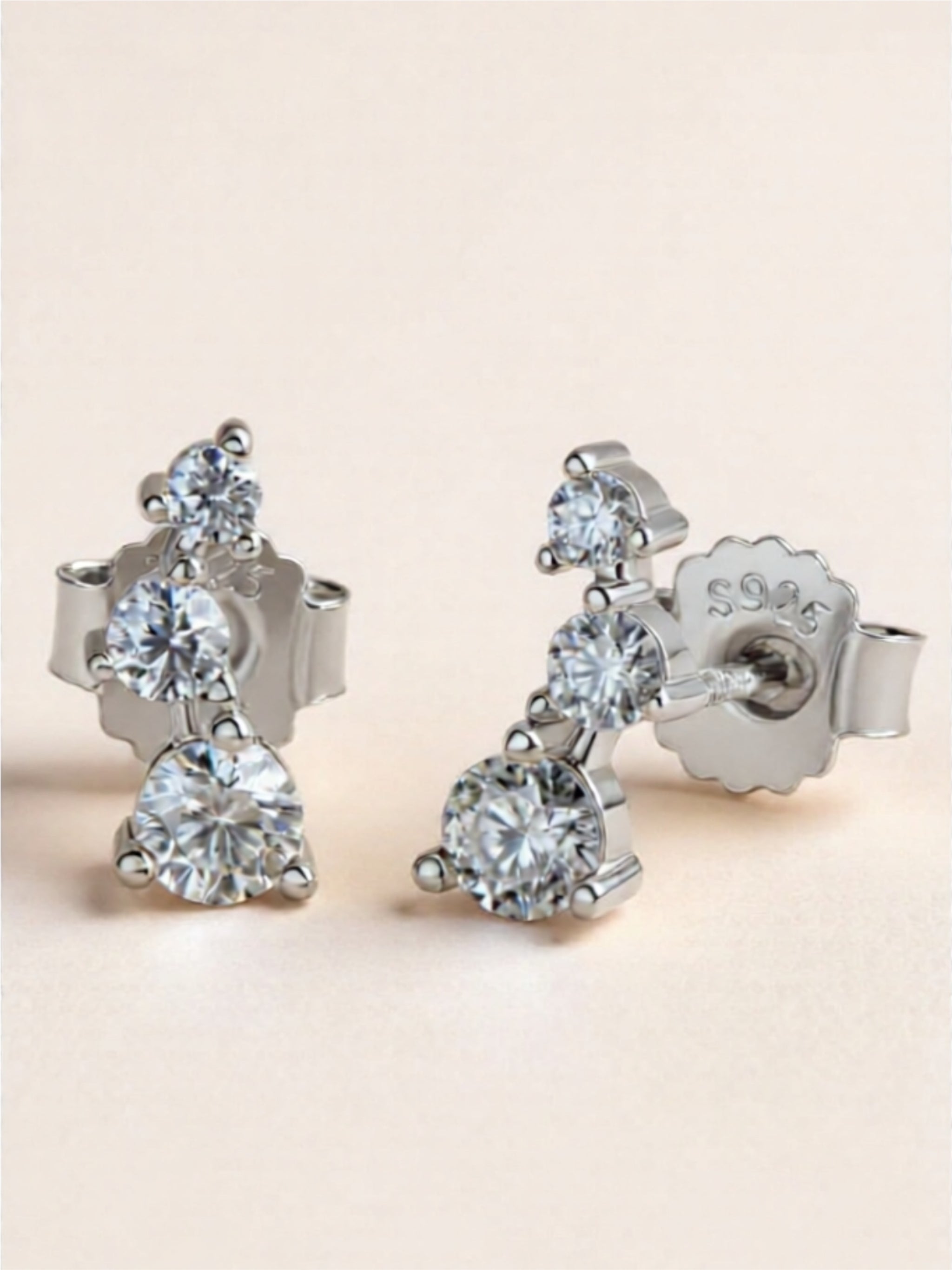 925 Sterling Silver Three Stone Moissanite Stud Earrings