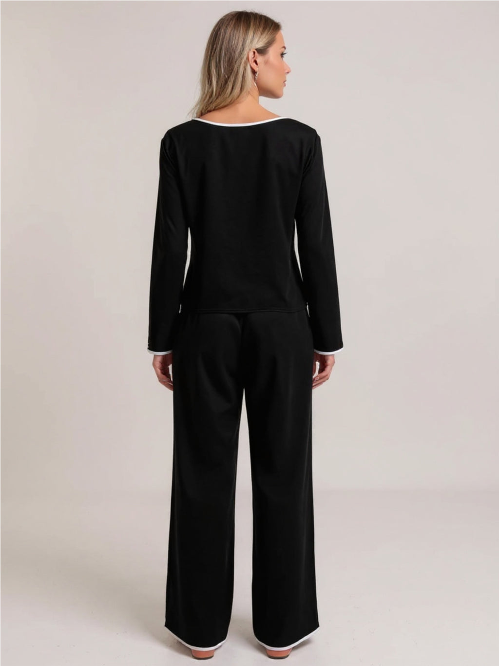 Black Contrast Trim Notched Long Sleeve Top & Pants Lounge Set
