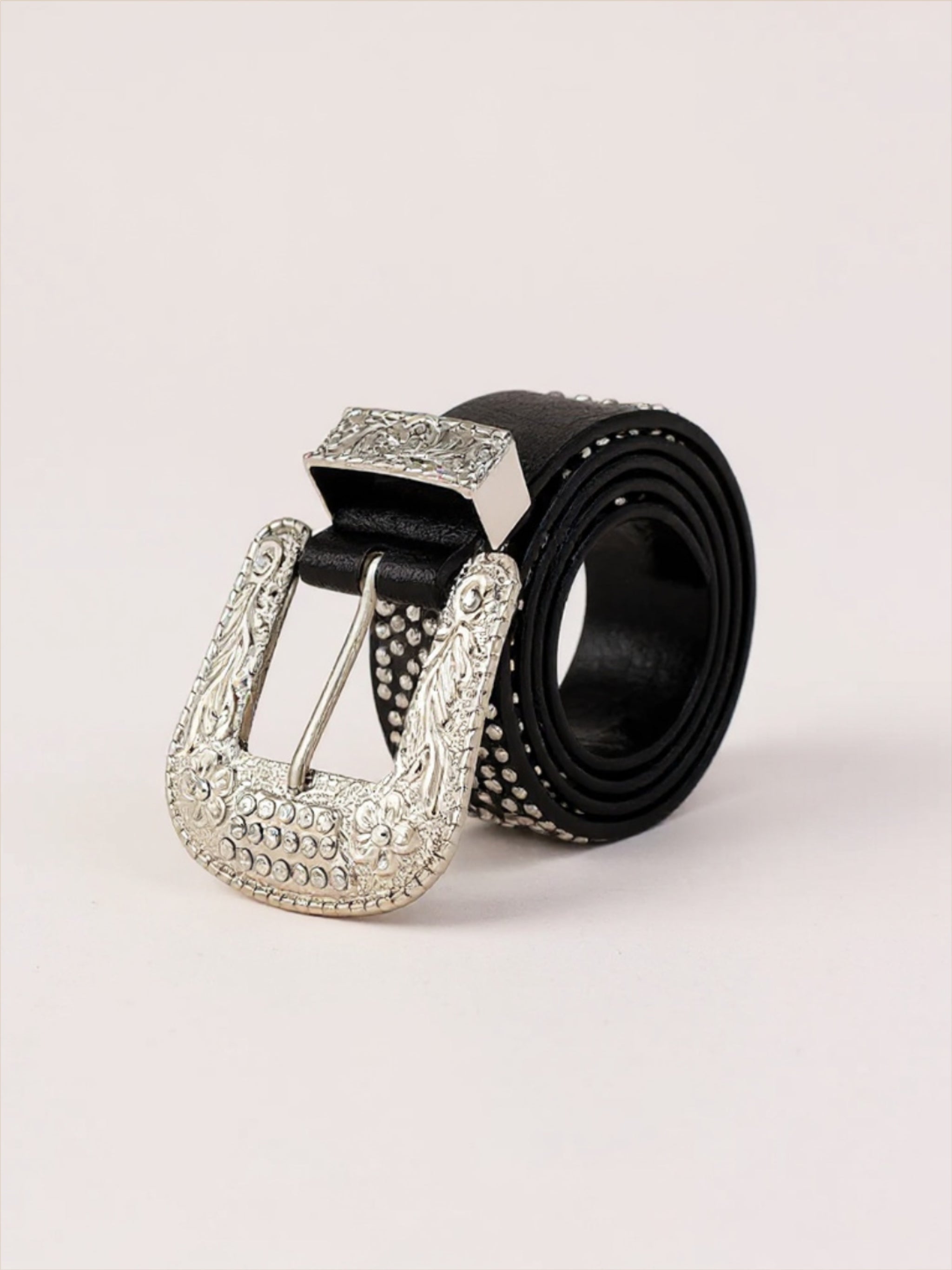 Studded Rhinestone Black Vegan Leather Belt