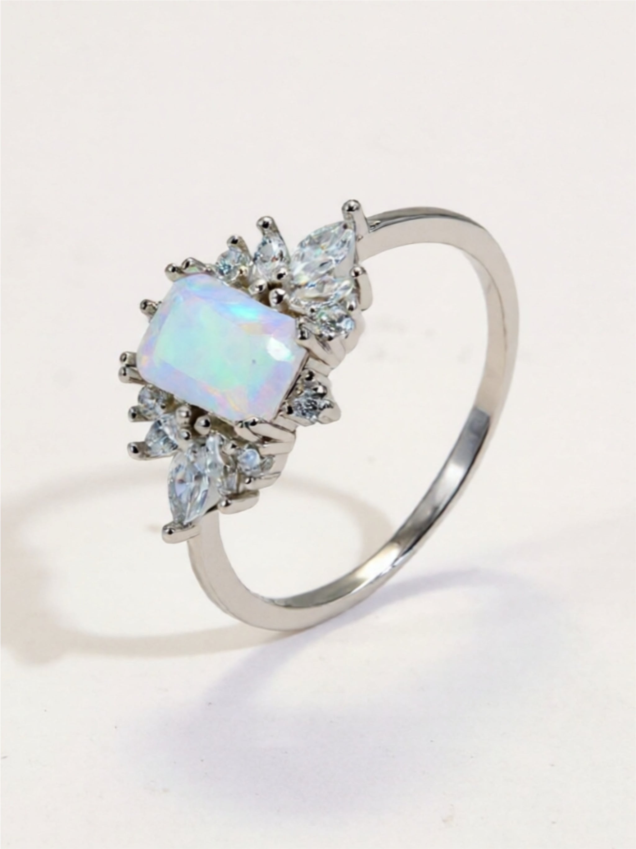 Australian Opal Ring in Platinum-Plated Sterling Silver with Zircon Accents