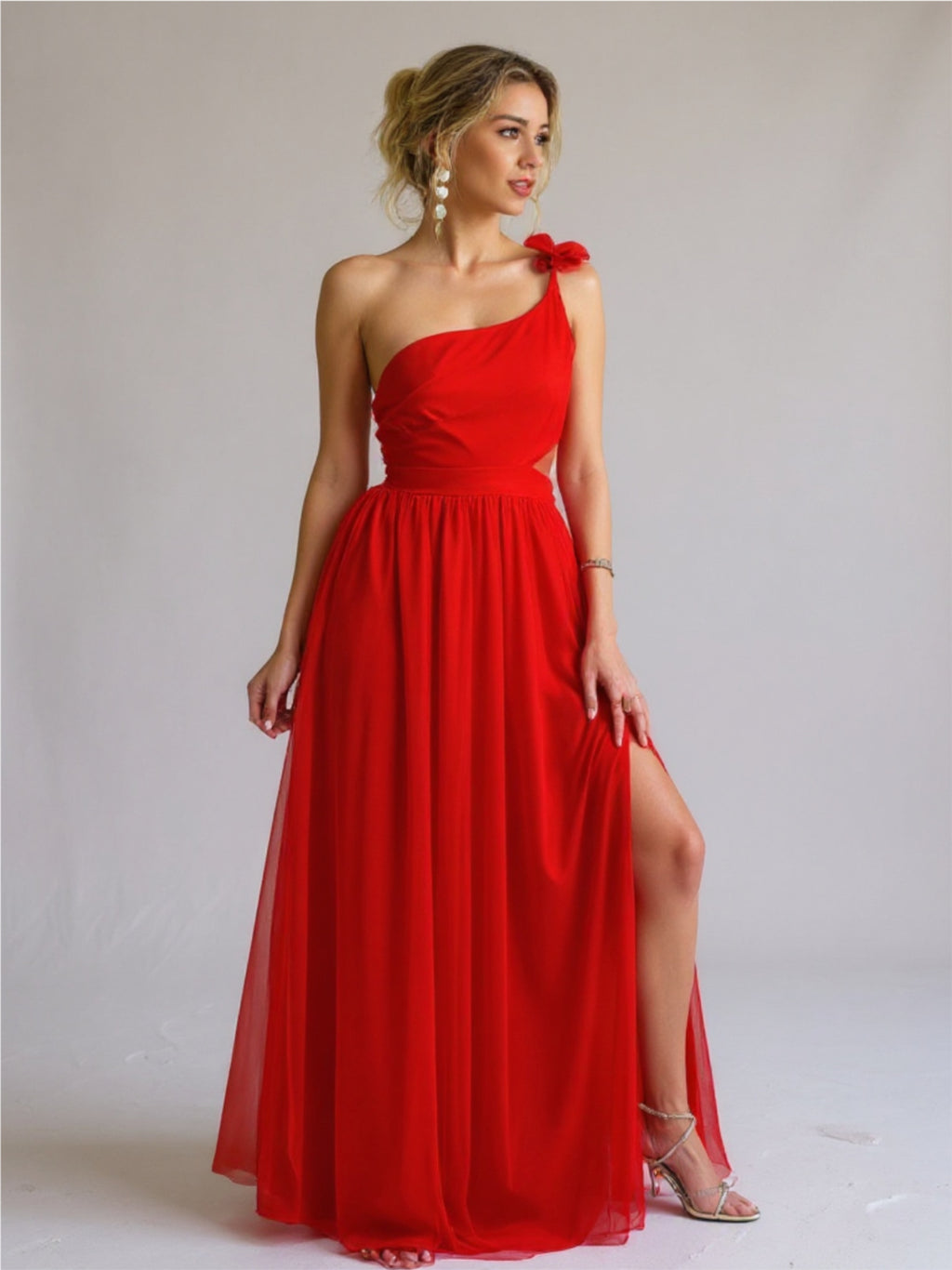 Red Cutout One Shoulder Dress with Slit