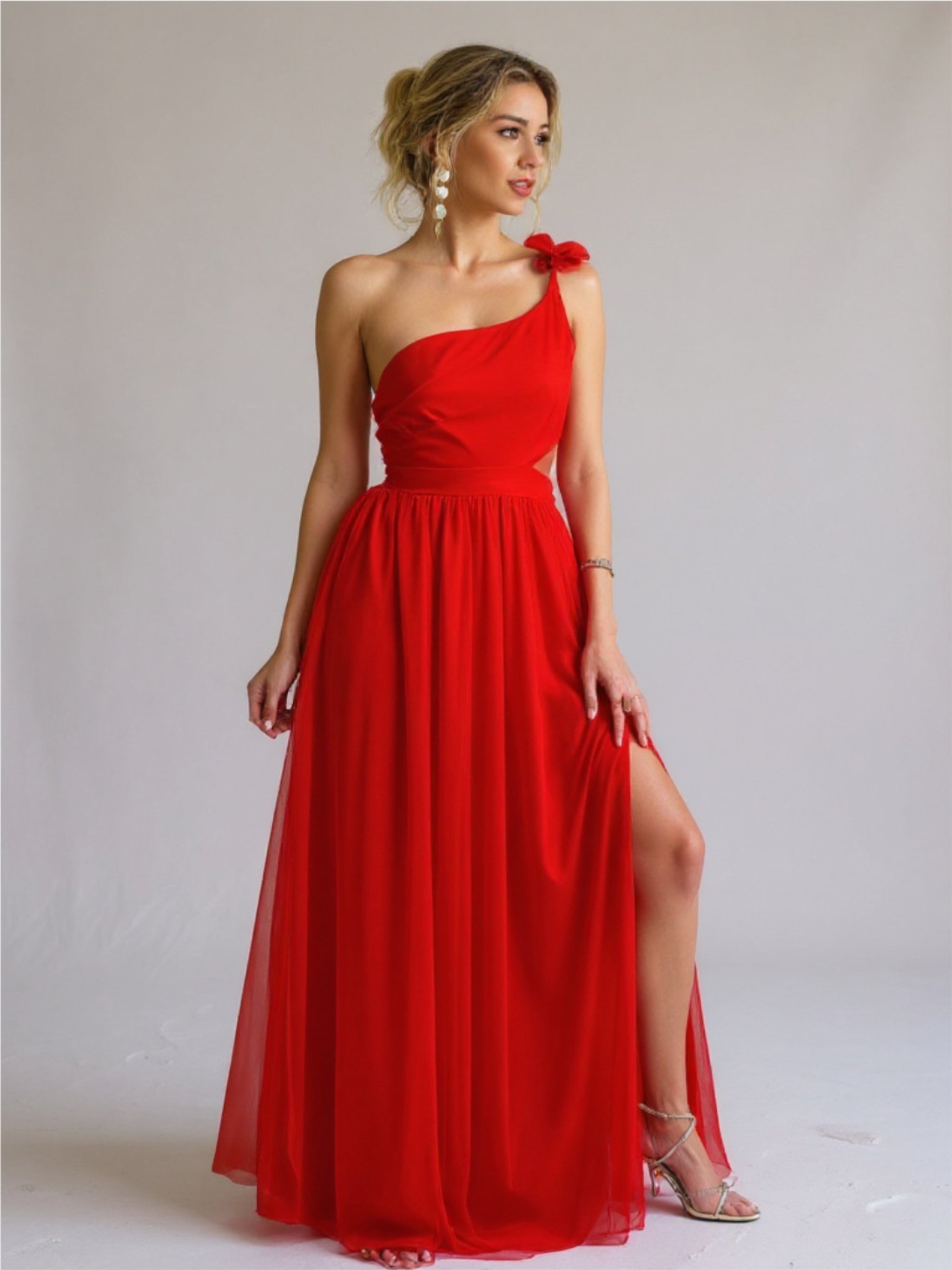 Red Cutout One Shoulder Dress with Slit