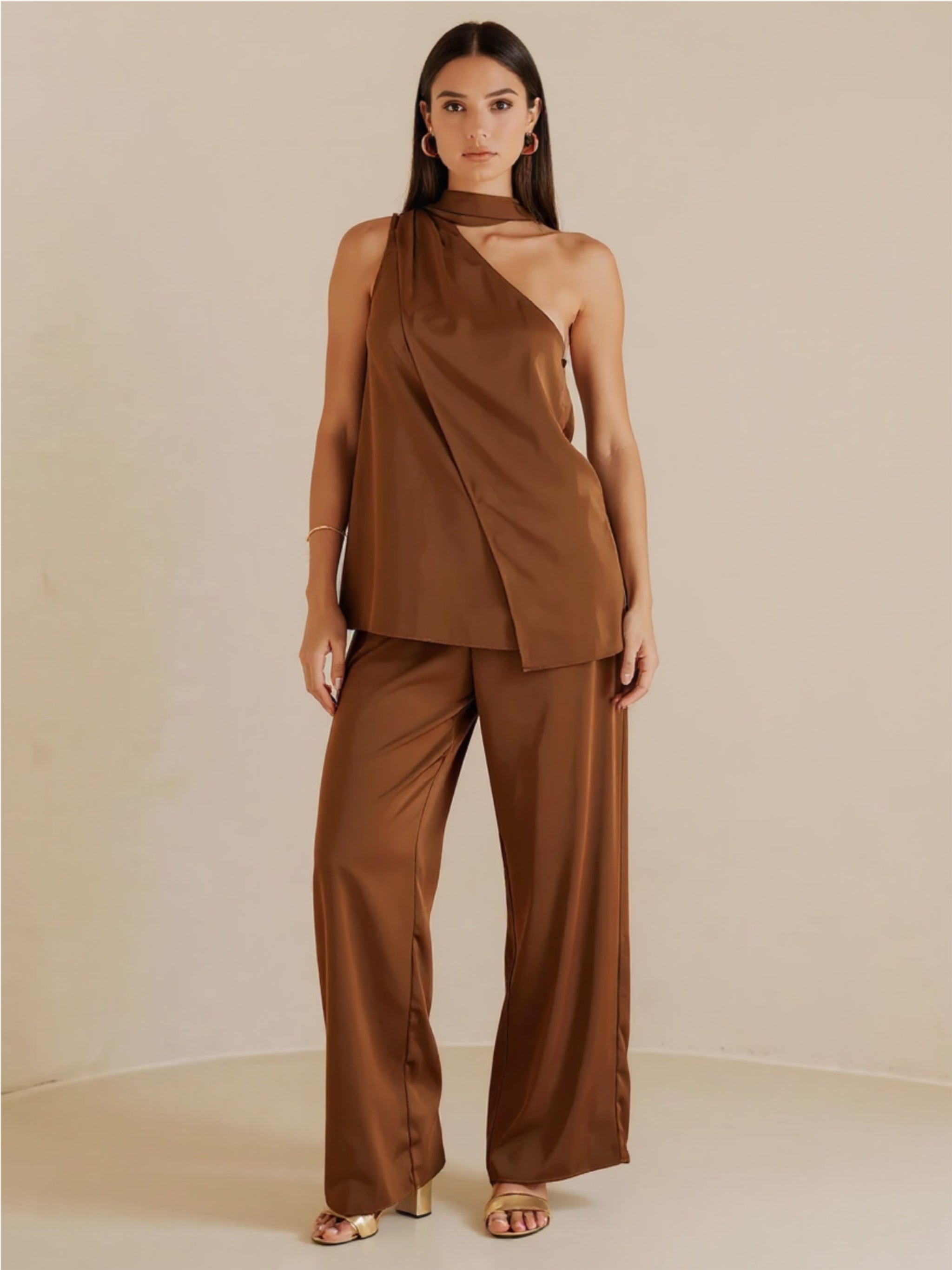 Brown Single Shoulder Top & Pants Set
