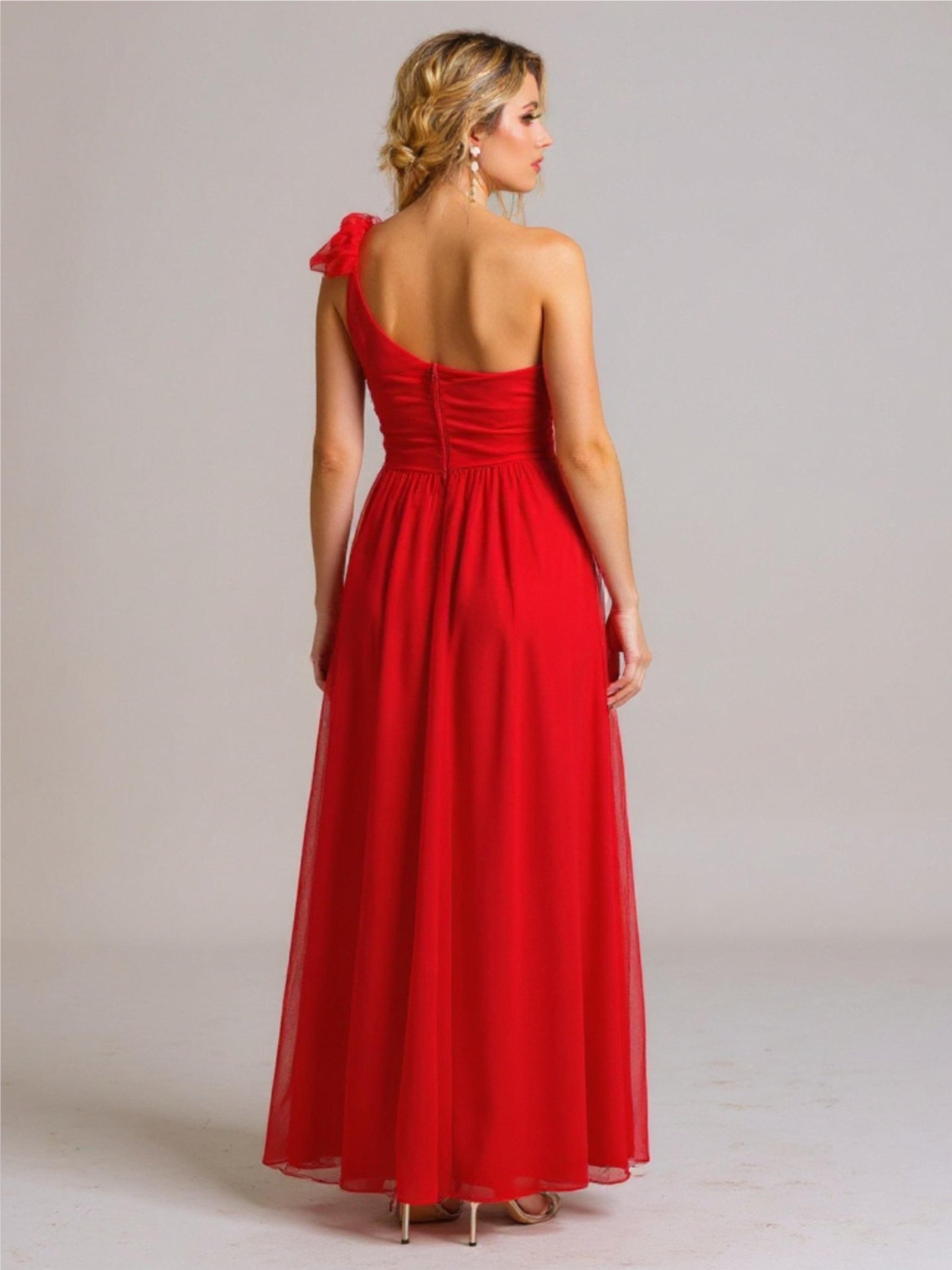 Red Cutout One Shoulder Dress with Slit