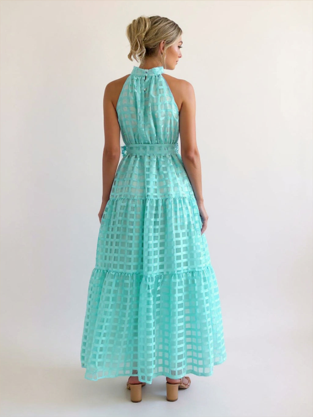Solid Plaid Halter Neck Maxi Dress