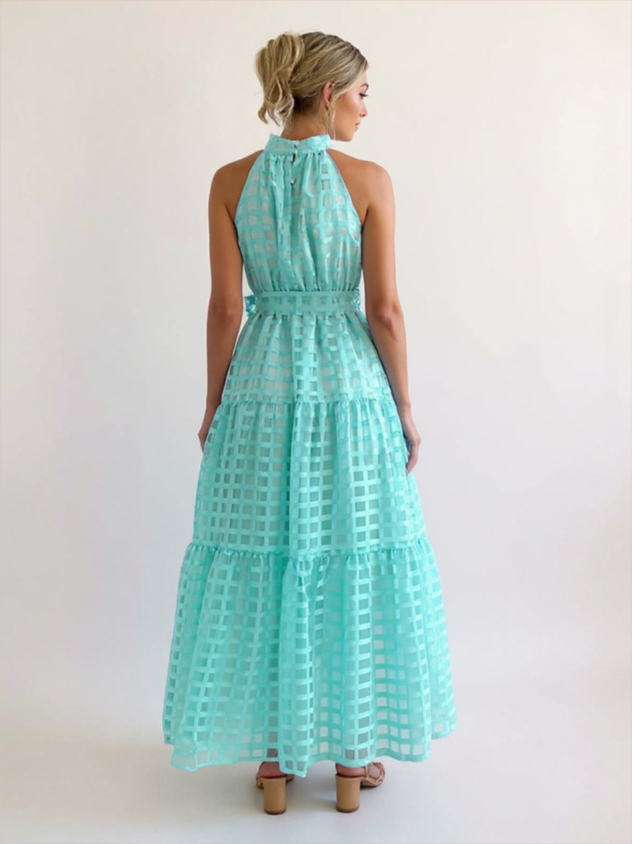 Solid Plaid Halter Neck Maxi Dress