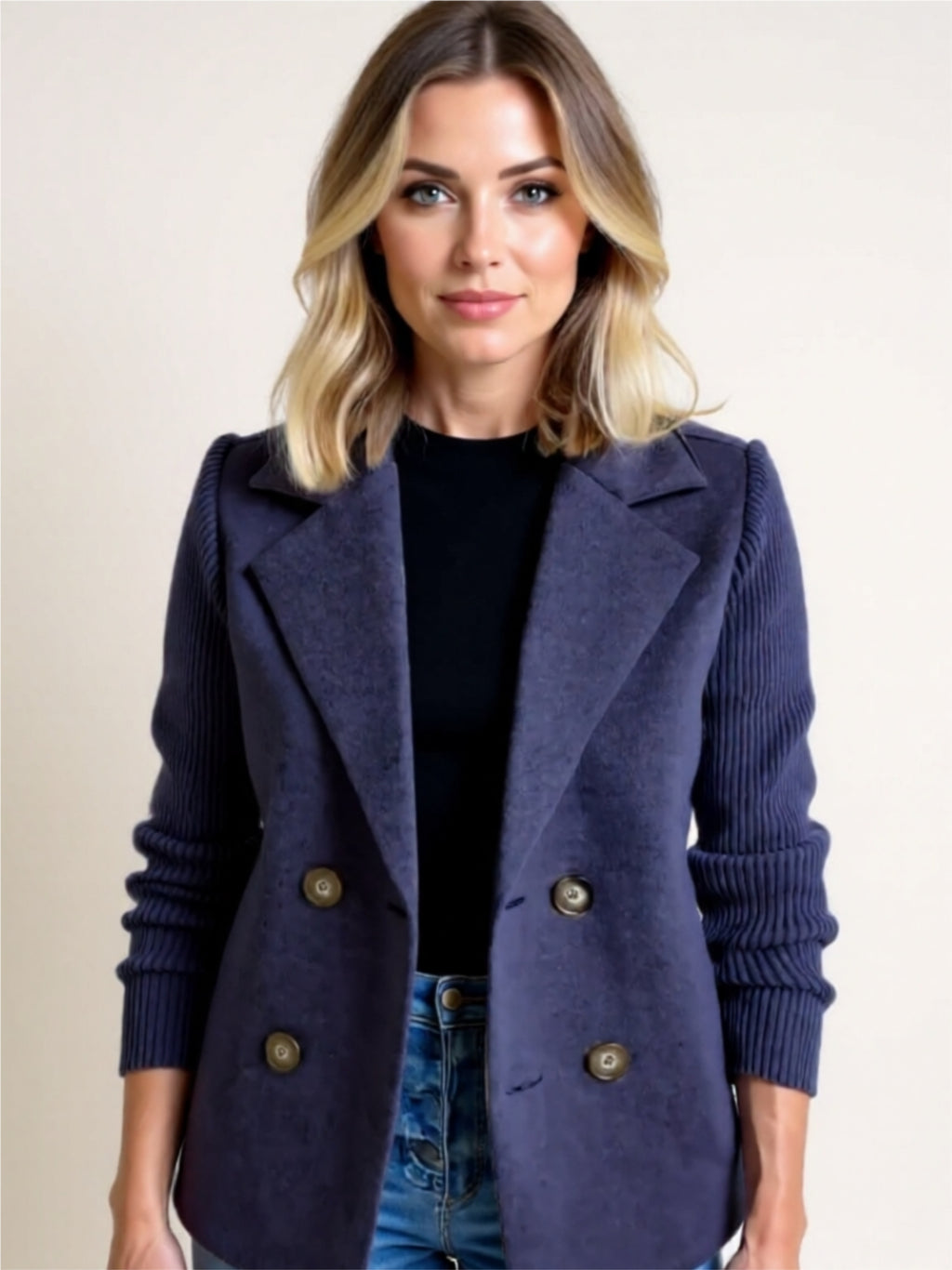 Double-Breasted Ribbed Sleeve Blazer