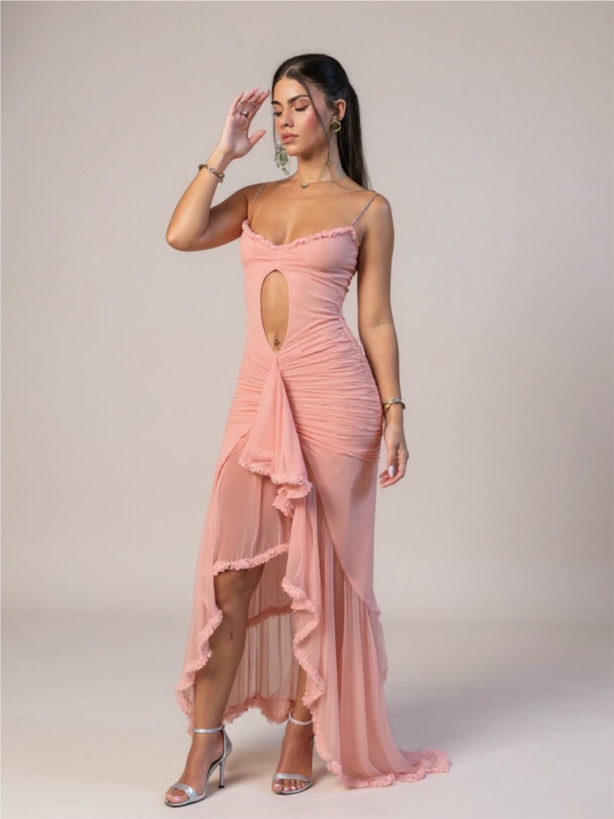 Ruffled Bodycon Maxi Dress with Center Cutout