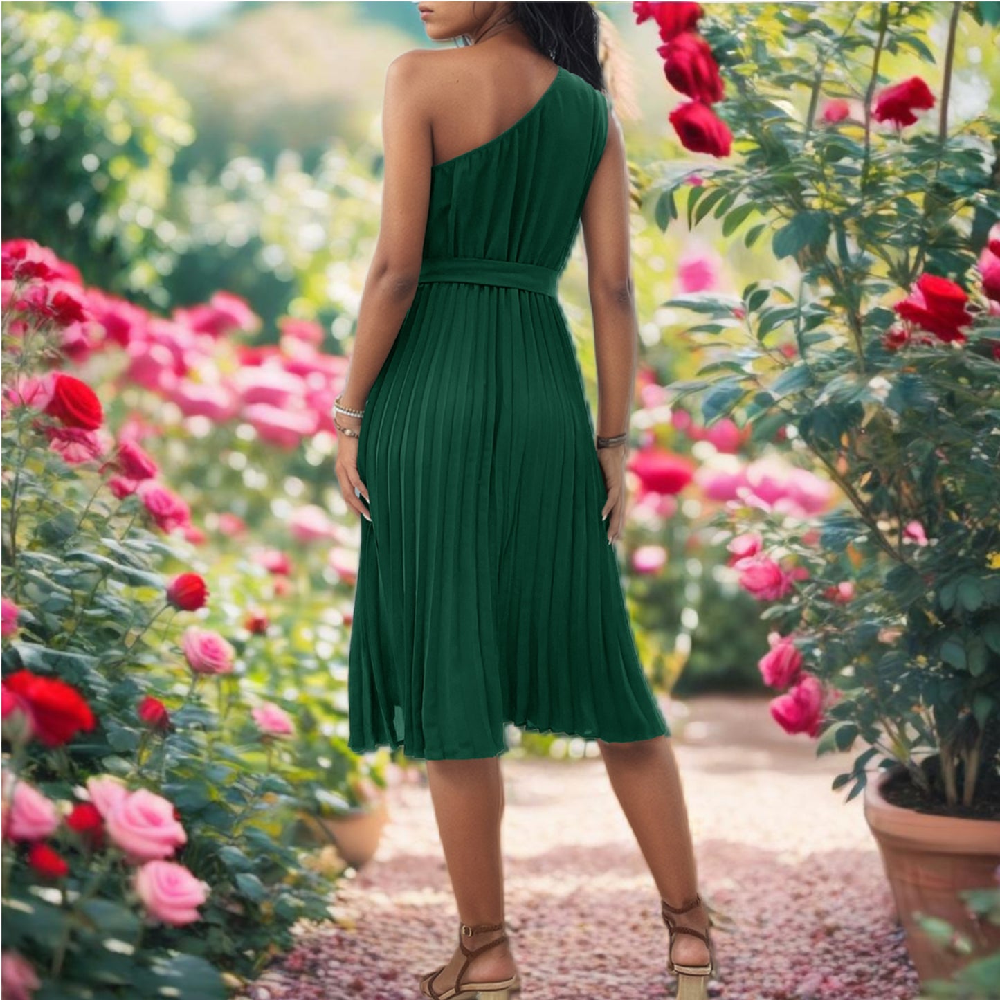 Green Pleated One Shoulder Midi Dress