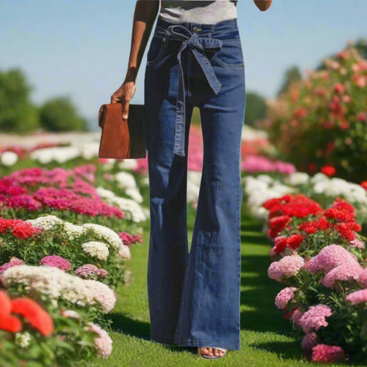 Waist Tie Flare Jeans with Pockets